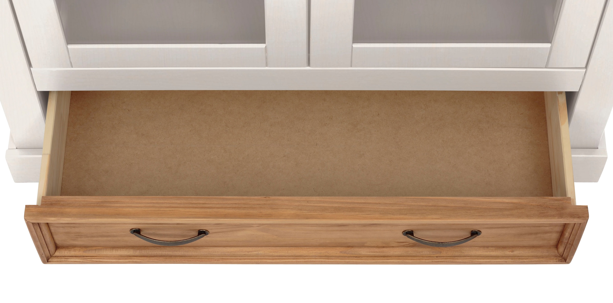 Home affaire Vitrine »Selma Highboard«, aus massivem Kiefernholz, mit Griffen aus antikisiertem Metall