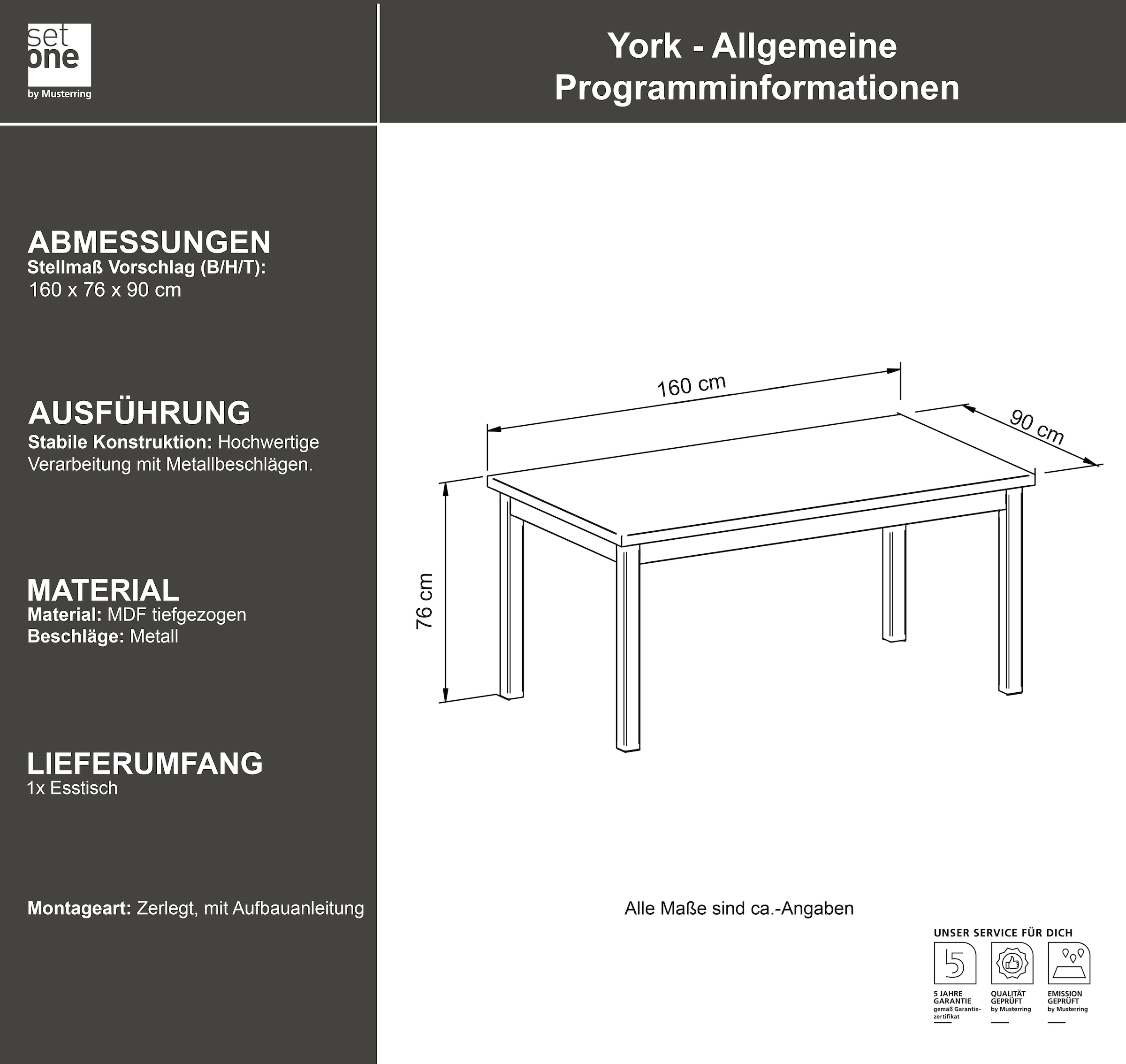 set one by Musterring Esstisch »York«, in 3 Farbvarianten und 4 Größen erhältlich, mit Eiche-Platte