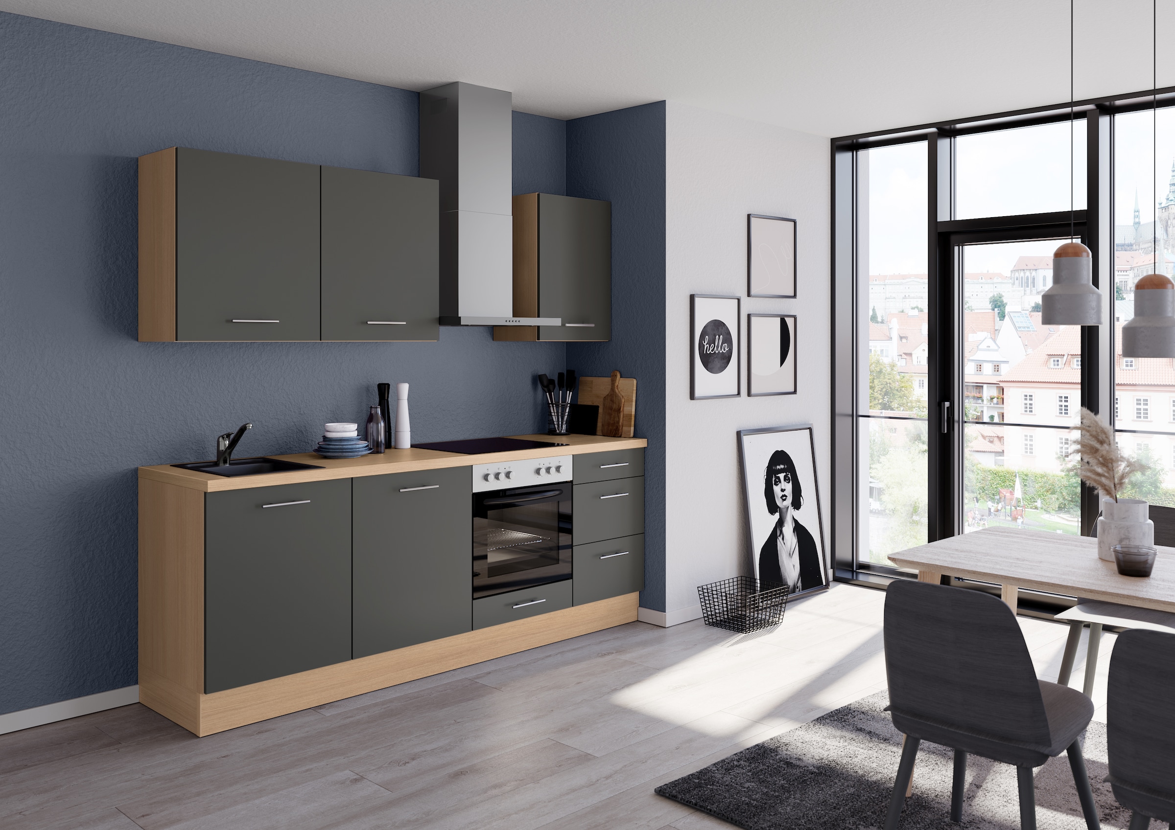 IMPULS KÜCHEN Küchenzeile »"Kopenhagen", Ausrichtung wählbar, Schubkästen mit Soft-Close«, vormontiert, wahlweise mit E-Geräten, Breite 220 cm