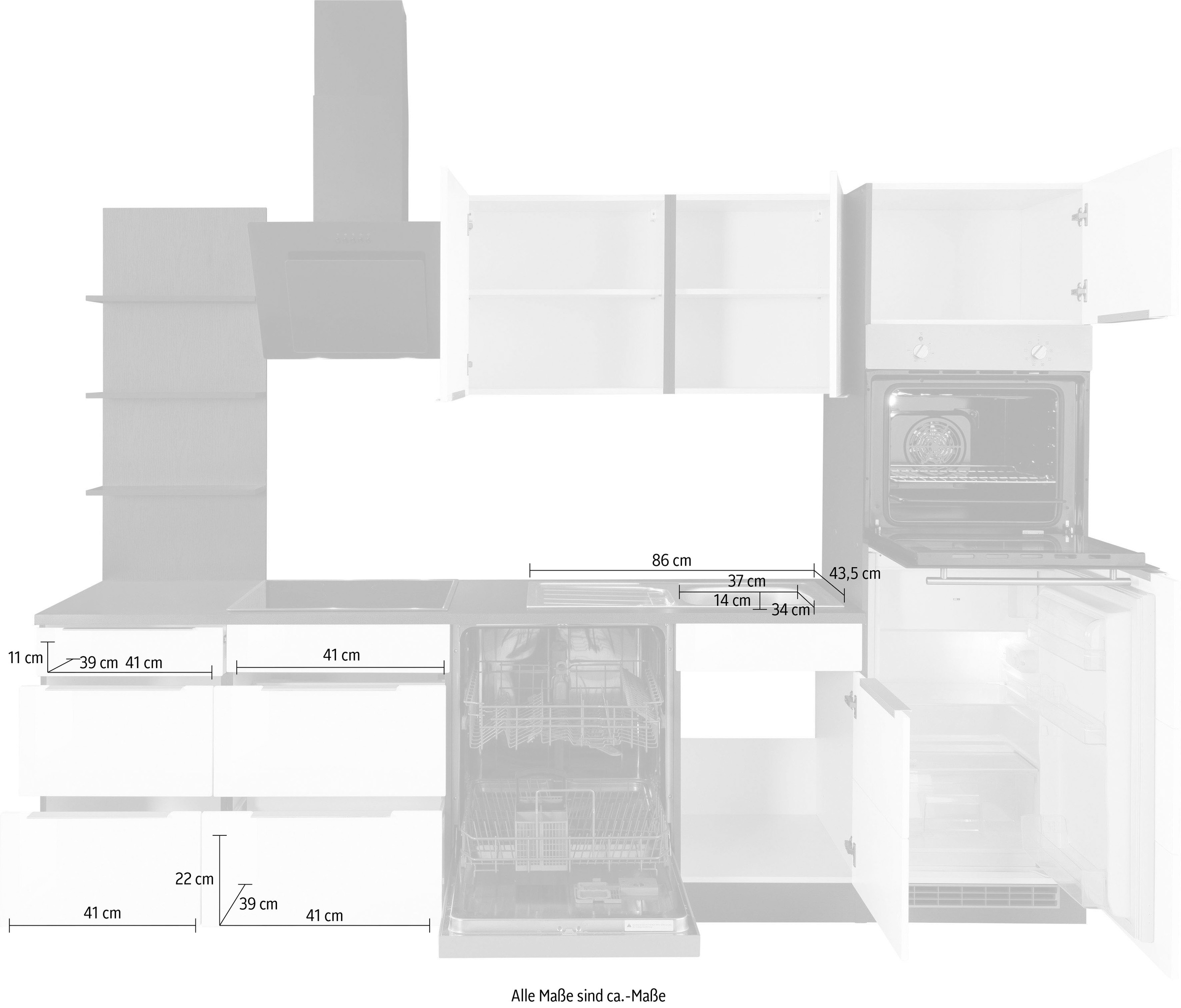 KOCHSTATION Küchenzeile »KS-Brindisi Breite 280 cm« wahlweise mit E-Geräten und Induktion, mit MDF-Fronten und Regal
