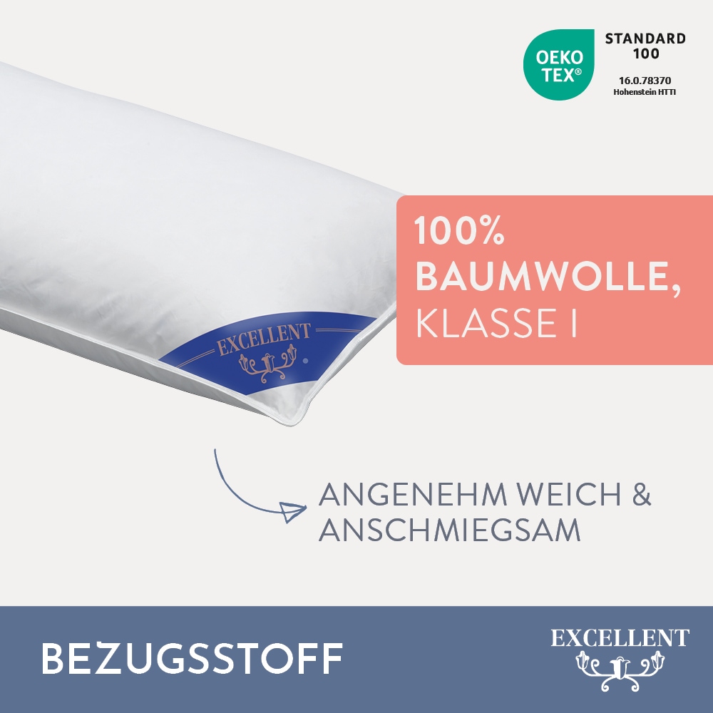 Excellent Kopfkissen »Venedig«, Füllung: weiße neue Gänsedaunen, Klasse I, 100% Daunen (Außen), weiße neue Gänsefedern, Klasse I, 100% Federn (Innen), Bezug: feiner Daunen-Batist, 100% Baumwolle, (2 St.), hergestellt in Deutschland