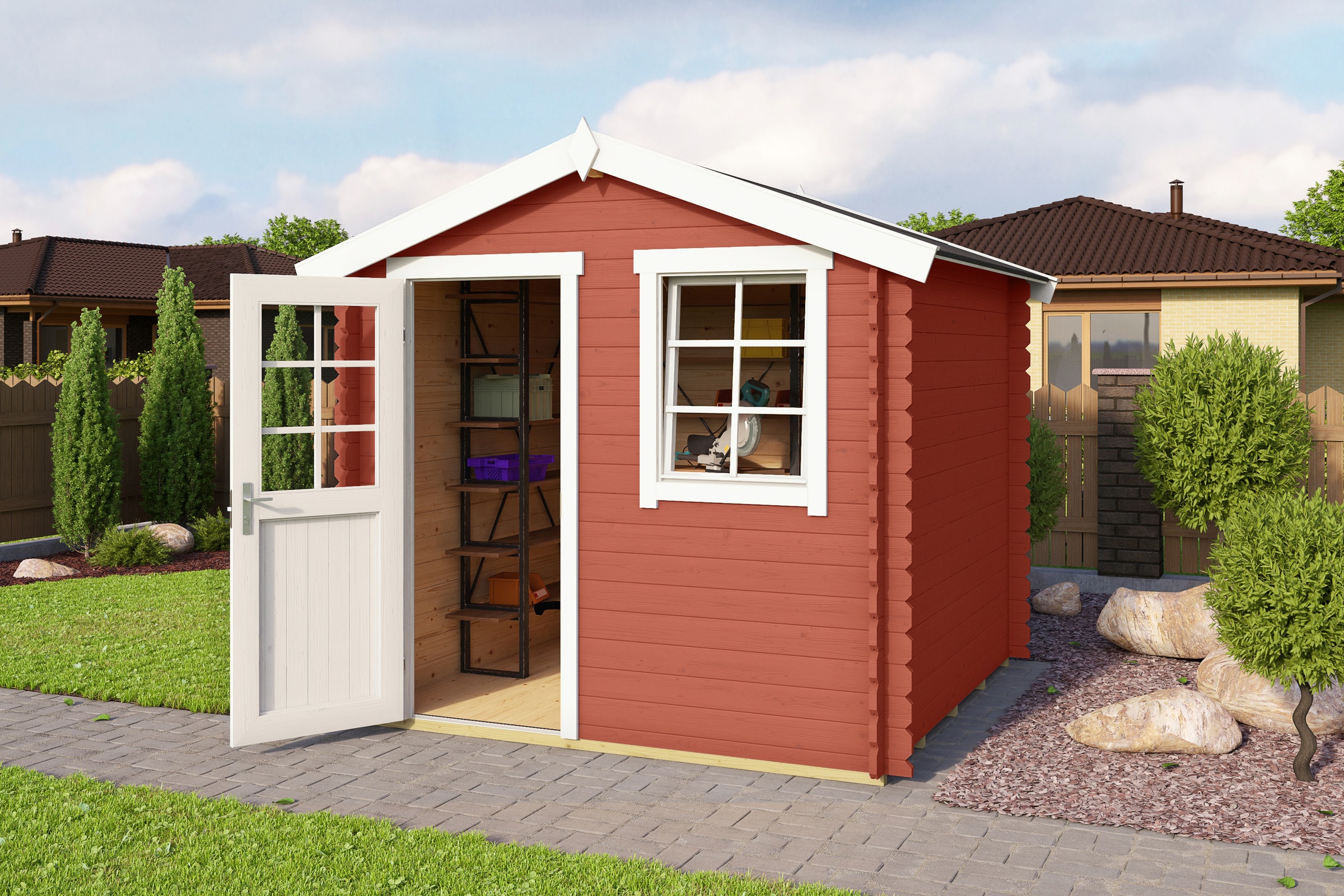 LASITA MAJA Gartenhaus »Wels 2«, Blochbohlenhaus 28mm, Fundamentmass 2300x2300, Schwedenrot