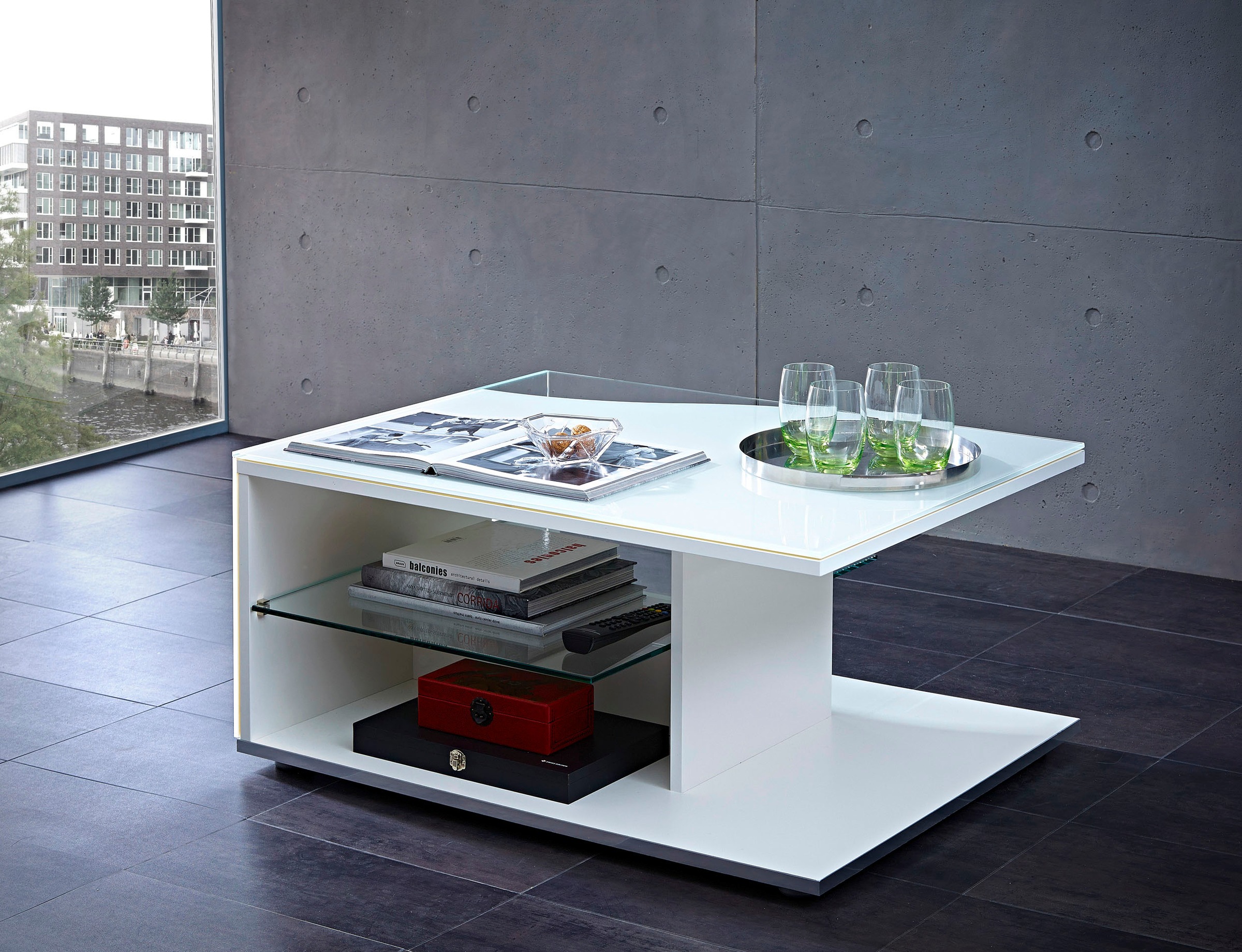 LEONARDO Couchtisch »CURVE«, mit Glasablage, Komplett-Lack, Breite 95 cm