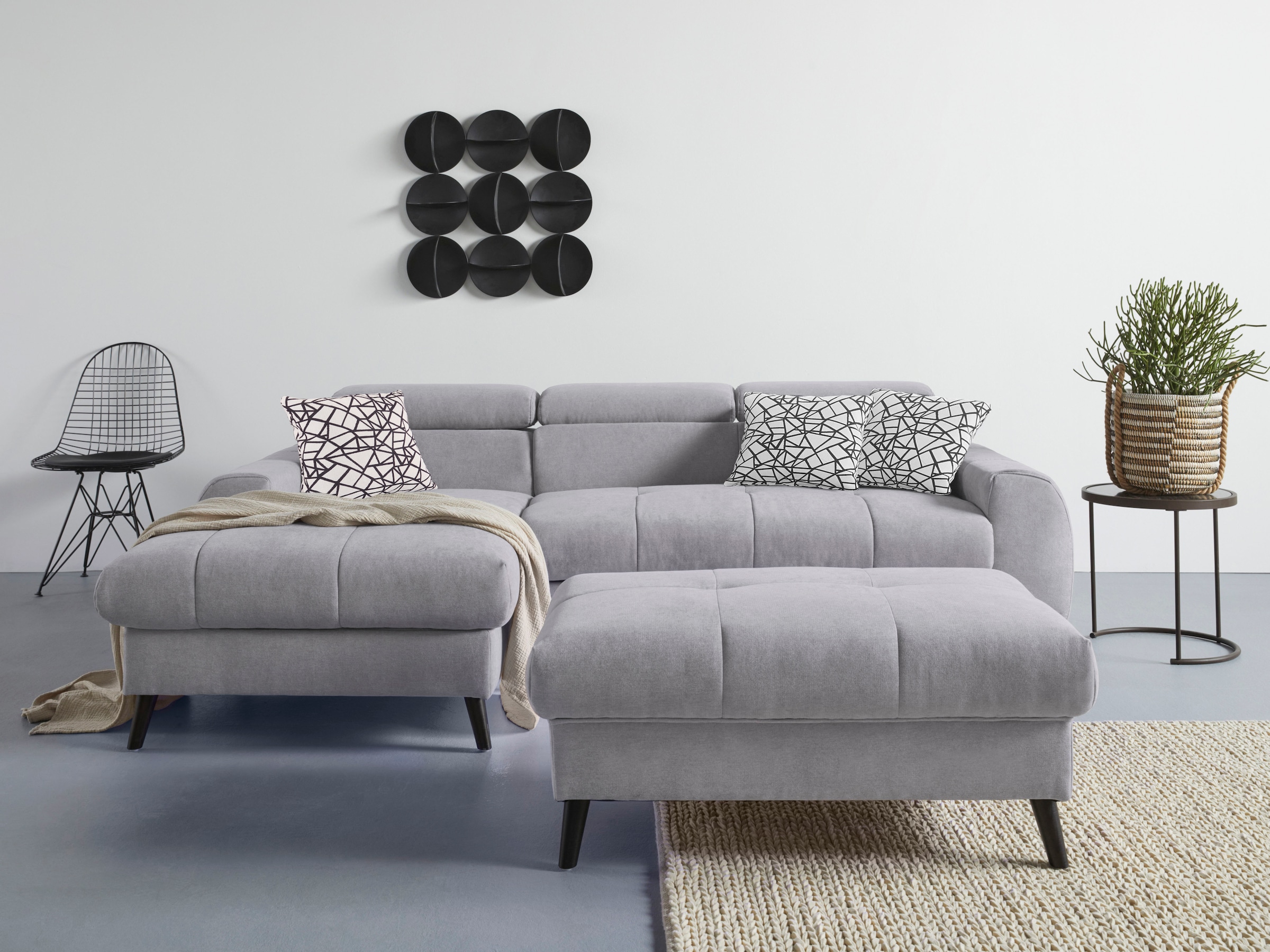 COTTA Ecksofa »Mia L-Form mit 3 Zierkissen«, wahlweise mit Bettfunktion, Bettkasten, Beleuchtung & Wireless-Charger