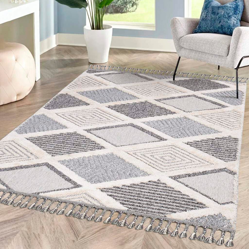 Carpet City Hochflor-Teppich »Valencia 731«, rechteckig, 20 mm Höhe, Läufer, Boho-Stil, 3D-Effekt, Raute, Hoch-Tief-Struktur, mit Fransen