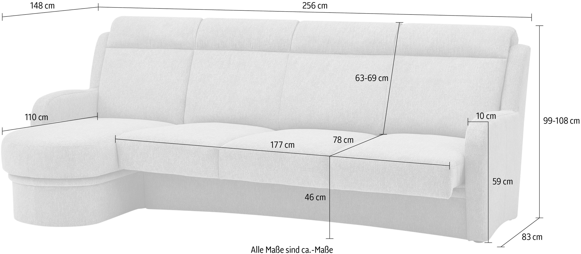 VILLA BECK Ecksofa »Varese L-Form«, (2 St.), Kopfteilverstellung, wahlweise mit Sitzvorzug, in Sitzhöhe 46 cm