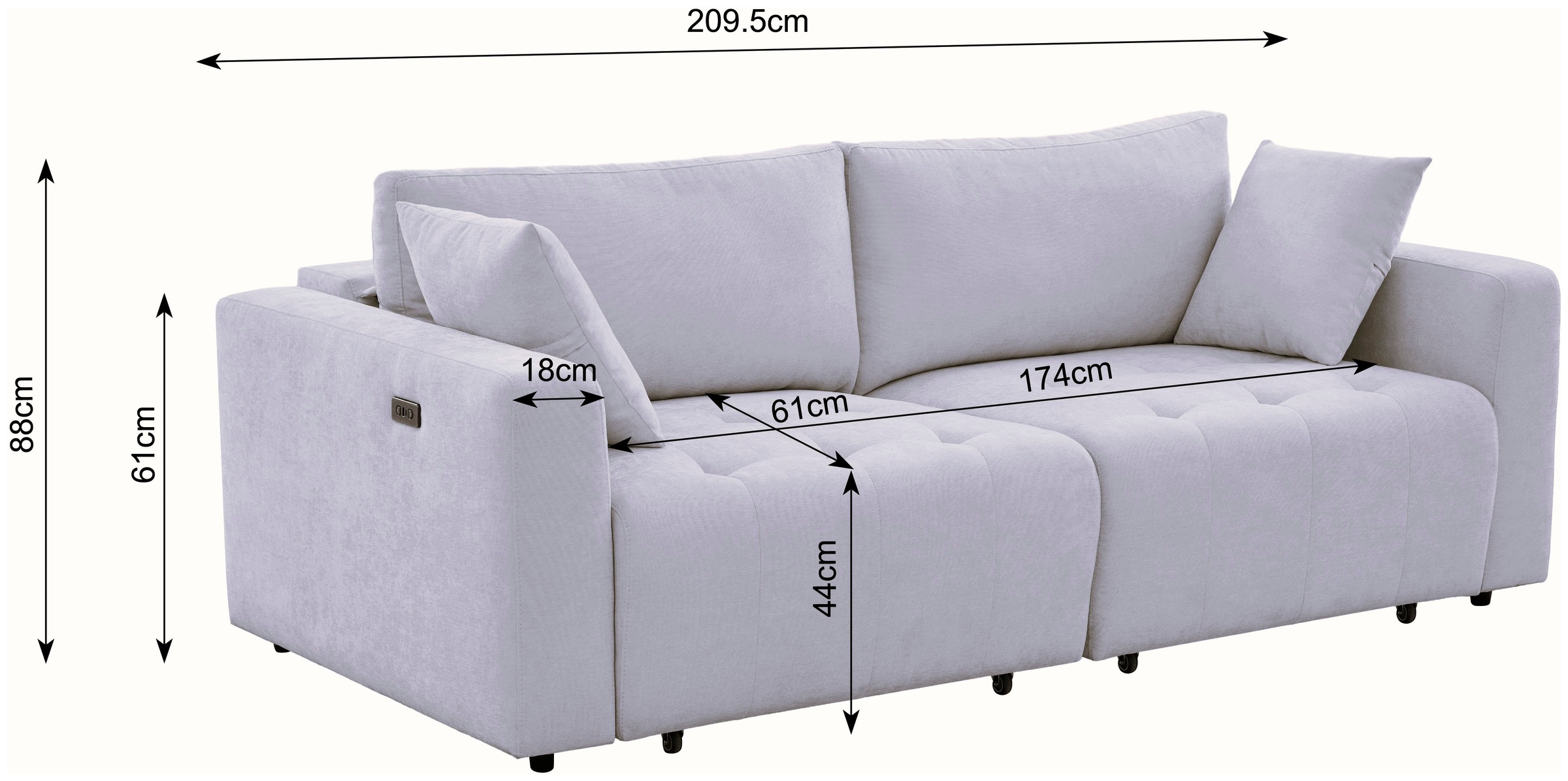 OTTO home 2,5-Sitzer »ELIANN , 209 cm - elektrisches Schlafsofa« mit USB A/C-Anschluss. Federkern, Webstoff