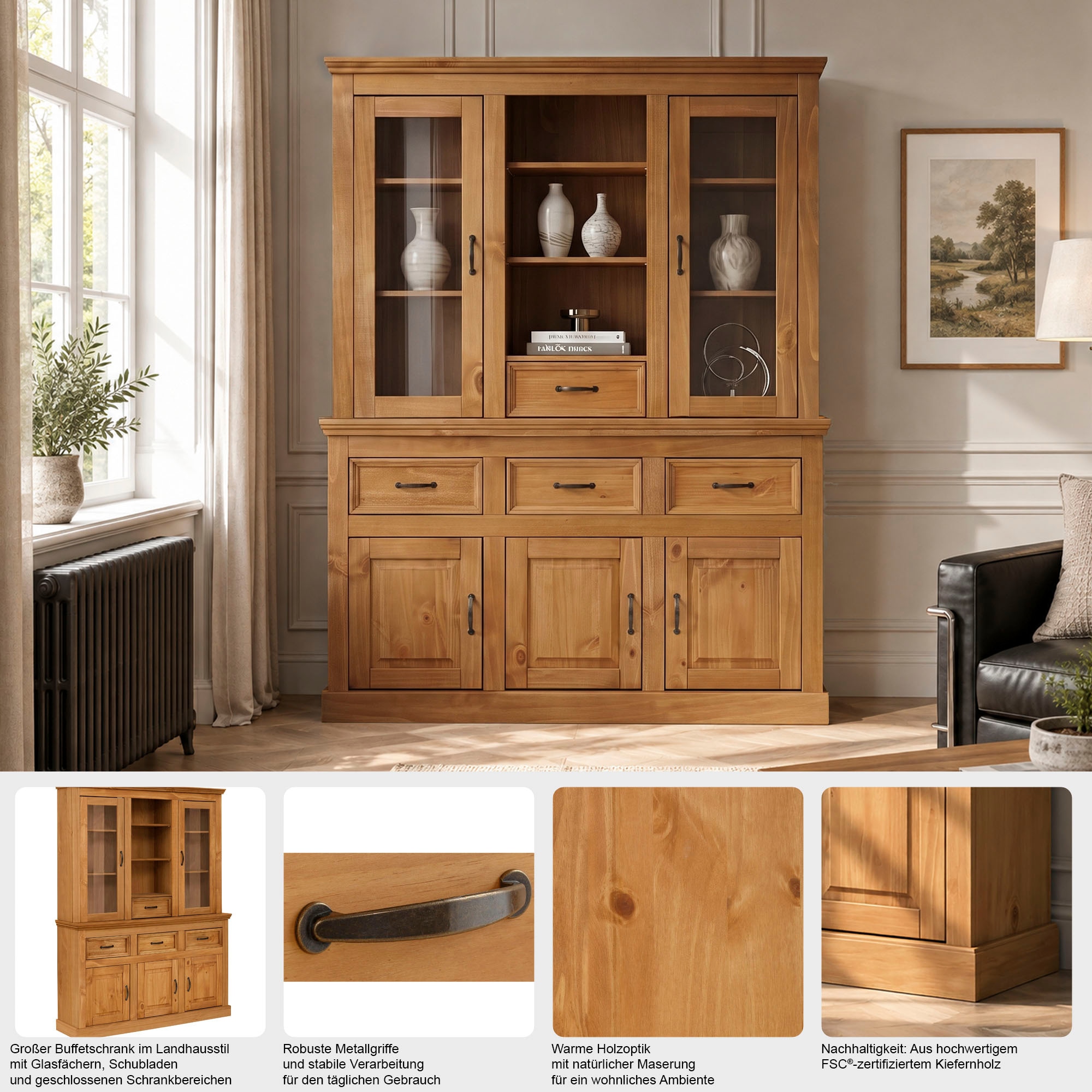 OTTO home Buffet »Selma« aus massivem Kiefernholz, mit Griffen aus antikisiertem Metall