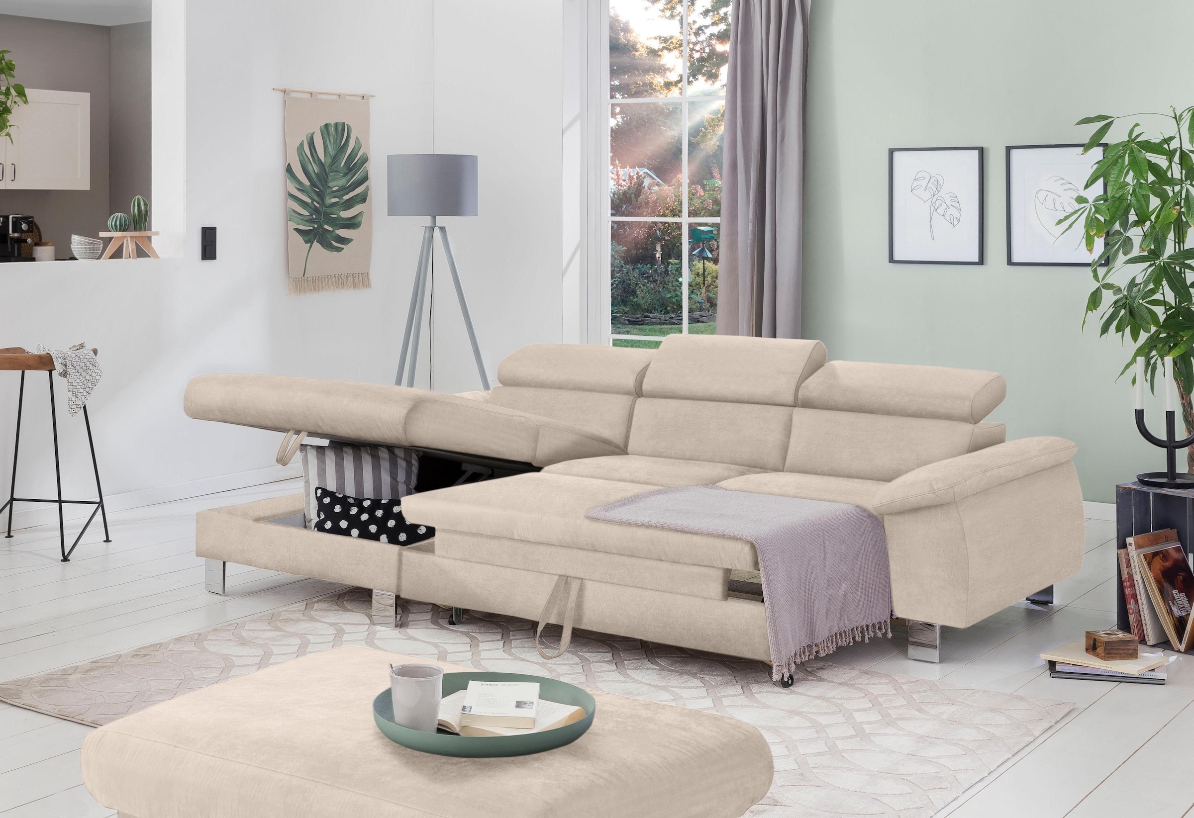 COTTA Ecksofa Komaris, Ecksofa, wahlweise mit RGB-LED-Beleuchtung und Bettfunktion/Bettkasten