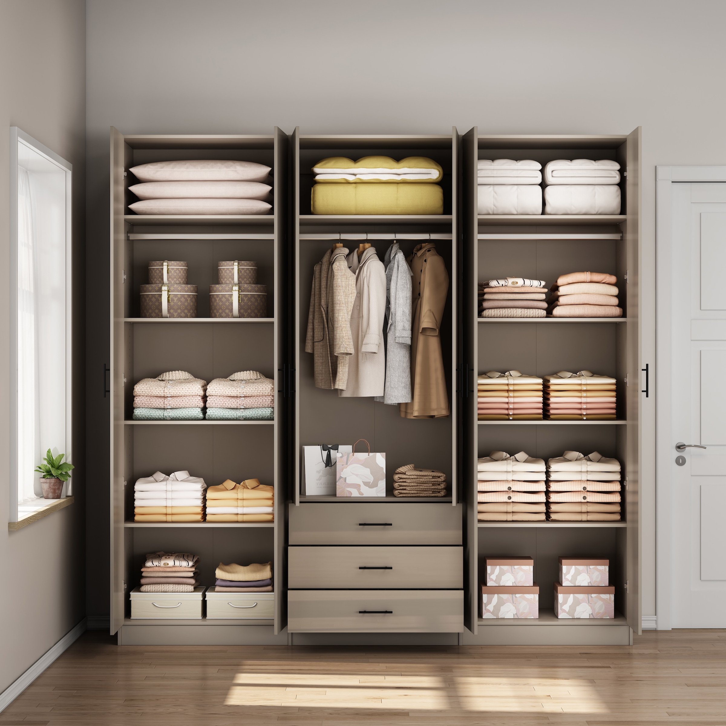 OTTO home Kleiderschrank »Trento Schlafzimmerschrank Garderobe hochglanz« in 2 unterschiedlichen Schrankhöhen wählbar,  Schrank mit 6 Türen und 3 Schubladen, hochglanz Fronten, Höhe 2,39m