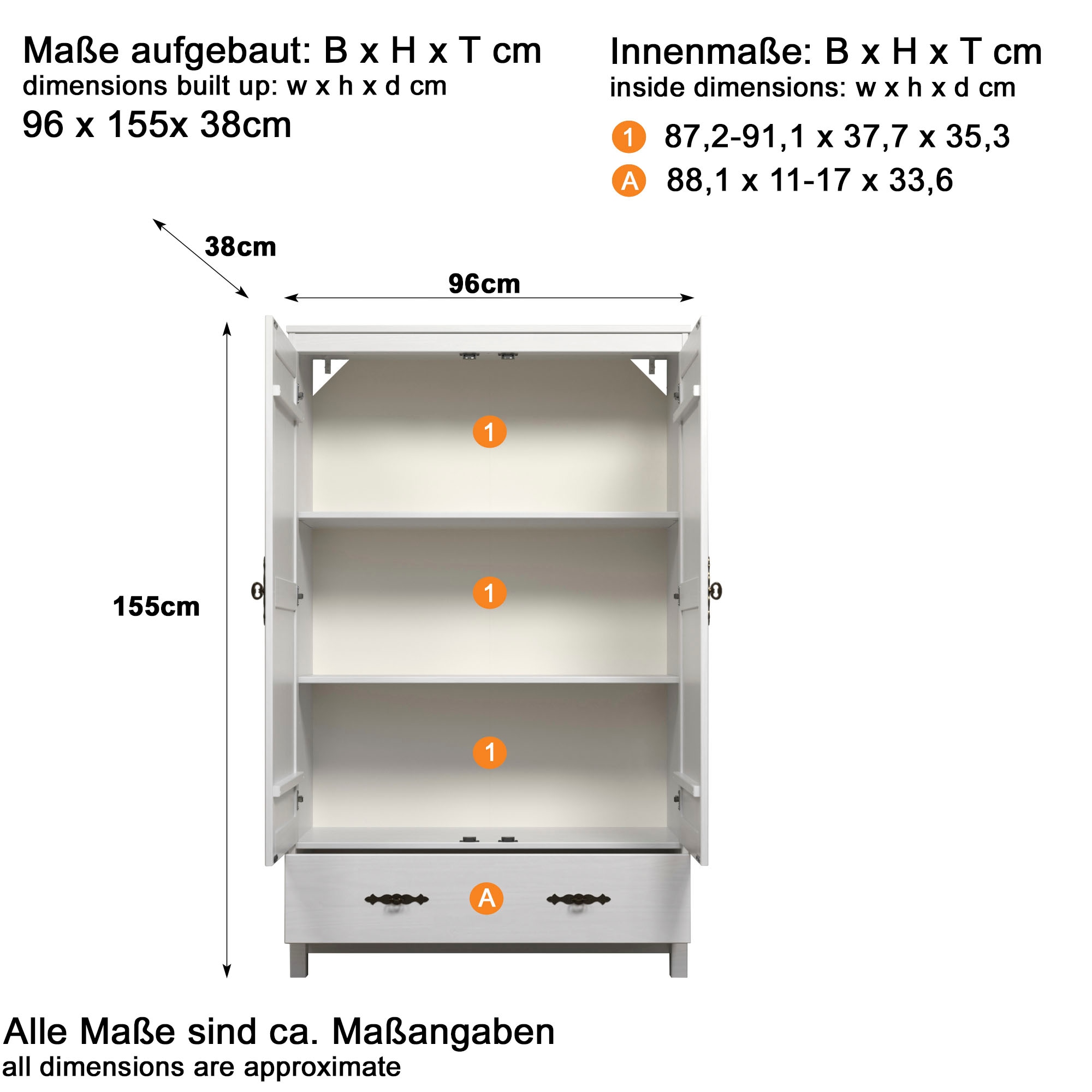 Home affaire Kleiderschrank »Sandnes Kieferschrank Schlafzimmer Schrank TOPSELLER weiß«, (1 St., natürlicher Landhaus-Look B/T/H: 96x38x155cm), Drehtürenschrank aus Massivholz mit Metallgriffen und Schublade