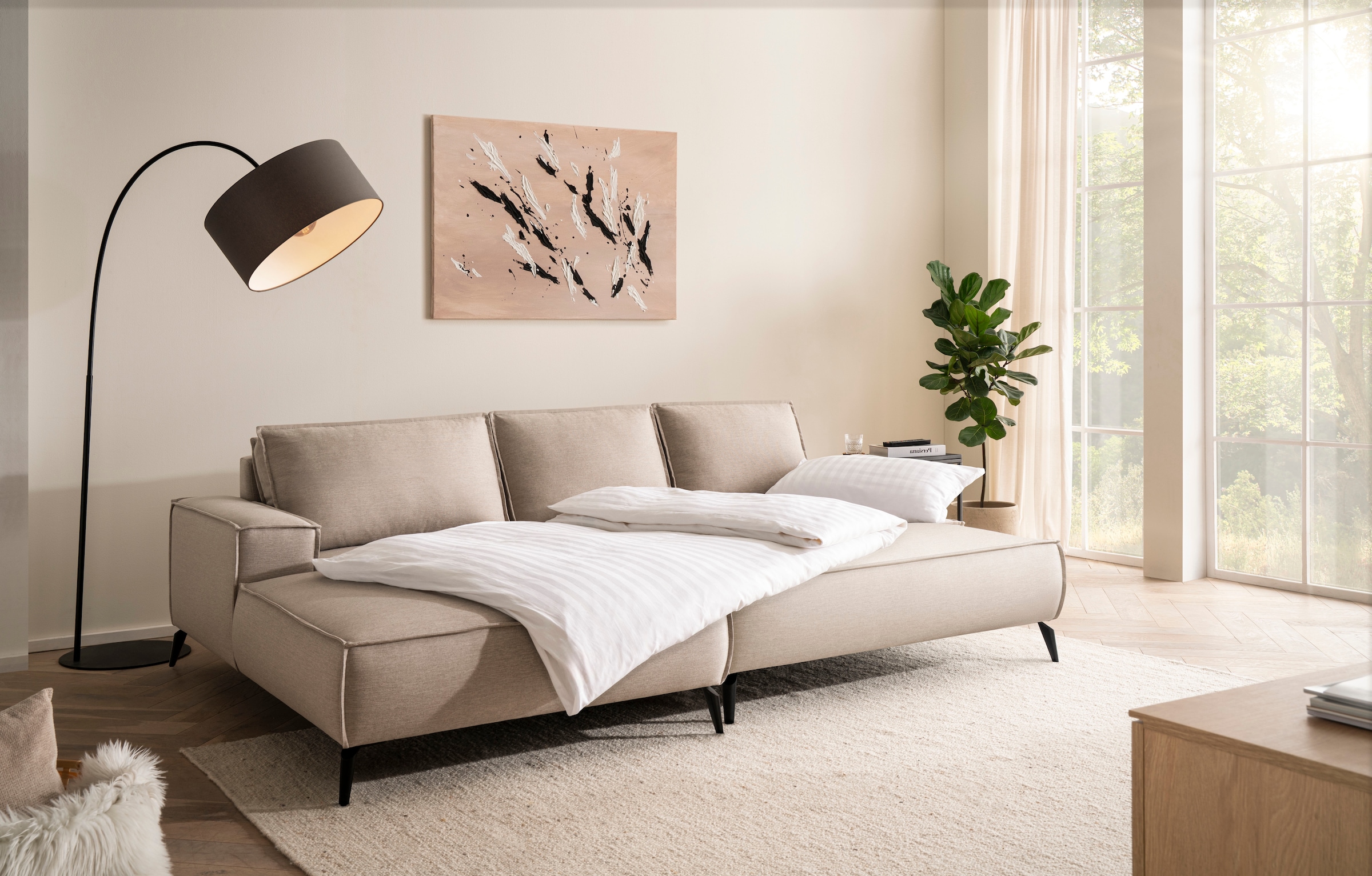 Home affaire Sitzgruppe »TVINNU, Polsterecke L-Form, Schlaffunktion, mit Hocker« Set, 2 Stk. tlg. Set, stellbar zum Schlafsofa (Krokodilverbinder)