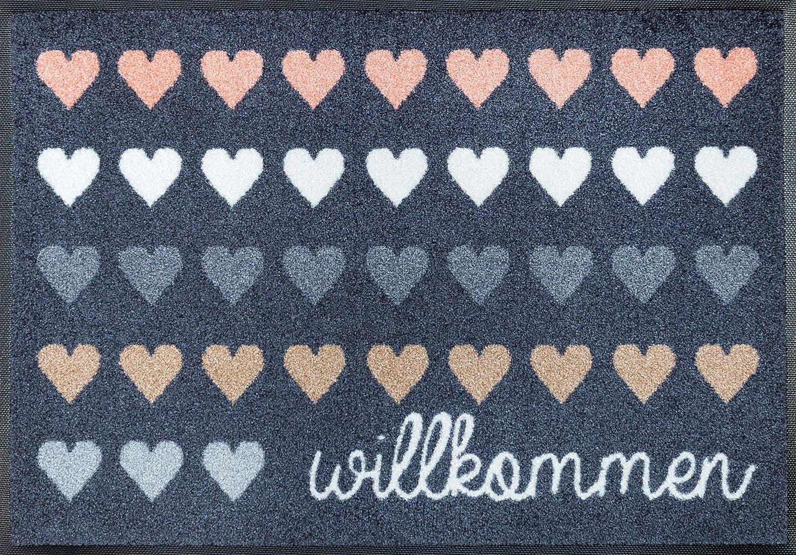 wash+dry by Kleen-Tex Fußmatte »Willkommen Herzen«, rechteckig, 7 mm Höhe, Schmutzfangmatte, Motiv Herzen, mit Spruch, rutschhemmend, waschbar