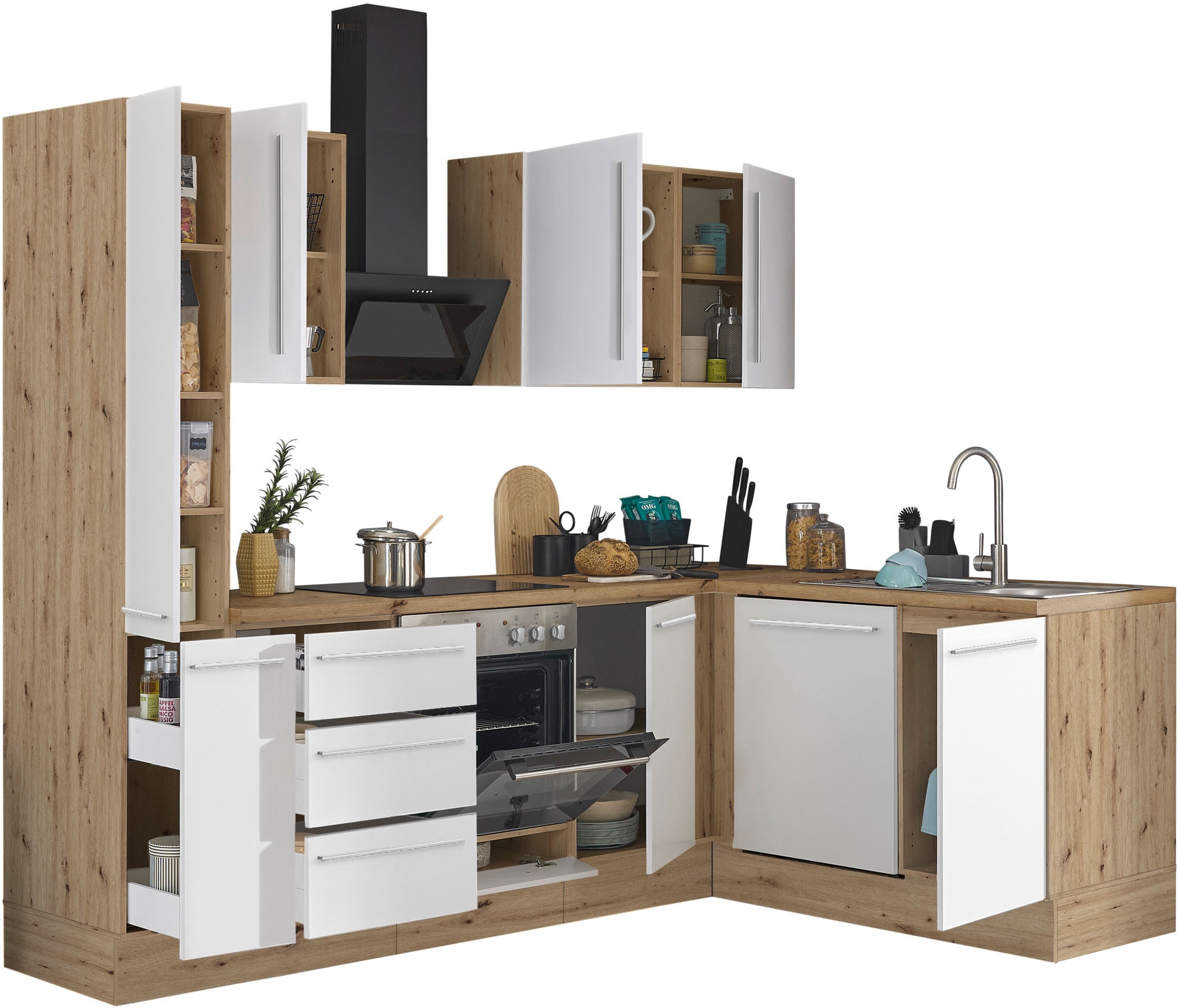 KOCHSTATION Winkelküche »Florida, Stellbreite 250x165 cm«, wahlweise mit E-Geräten, mit Softclose für Türen und Schubkästen