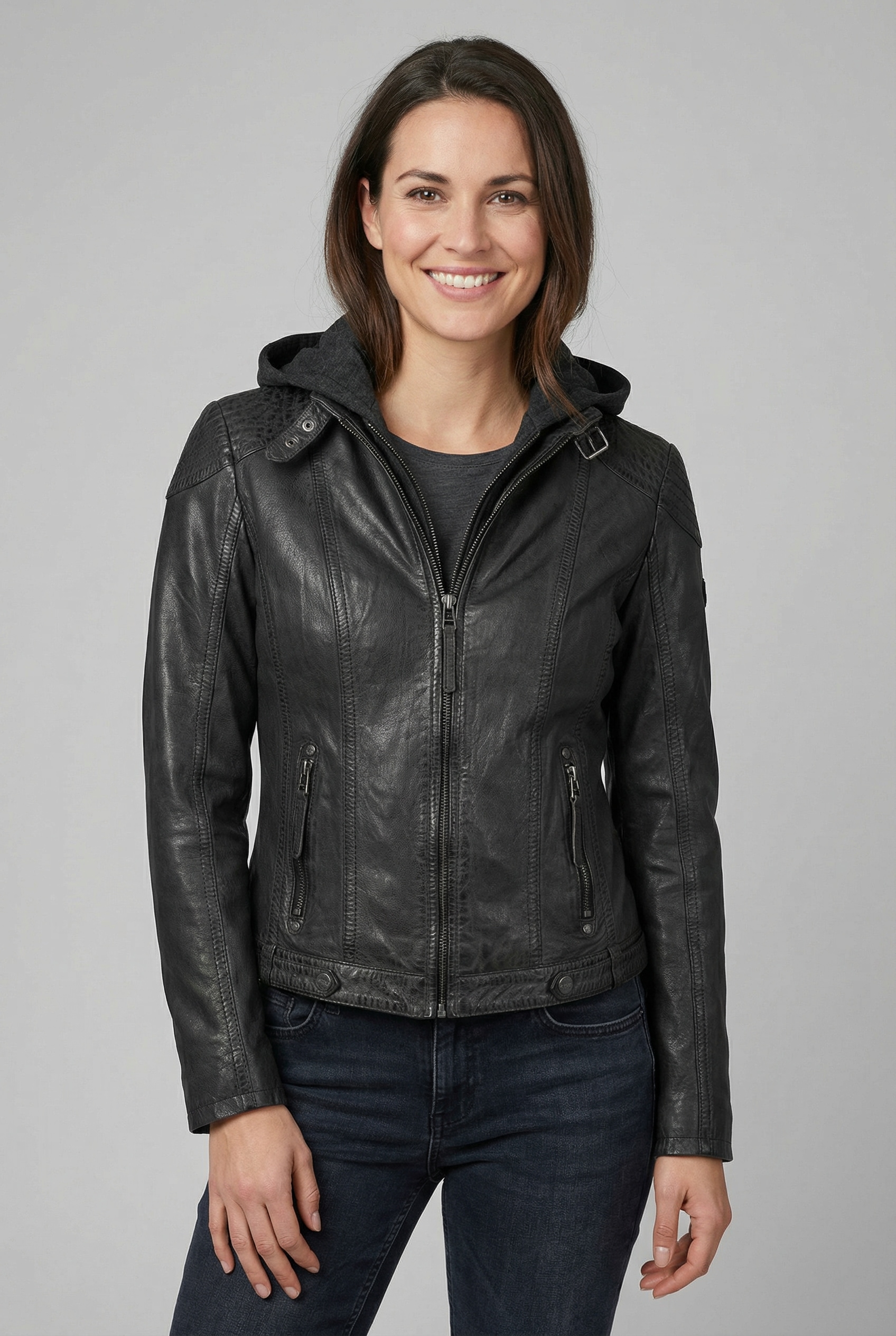 Mauritius Lederjacke »Cacey LEGV« mit Kapuze mti Kapuze, Reißverschluss, Ziersteppung