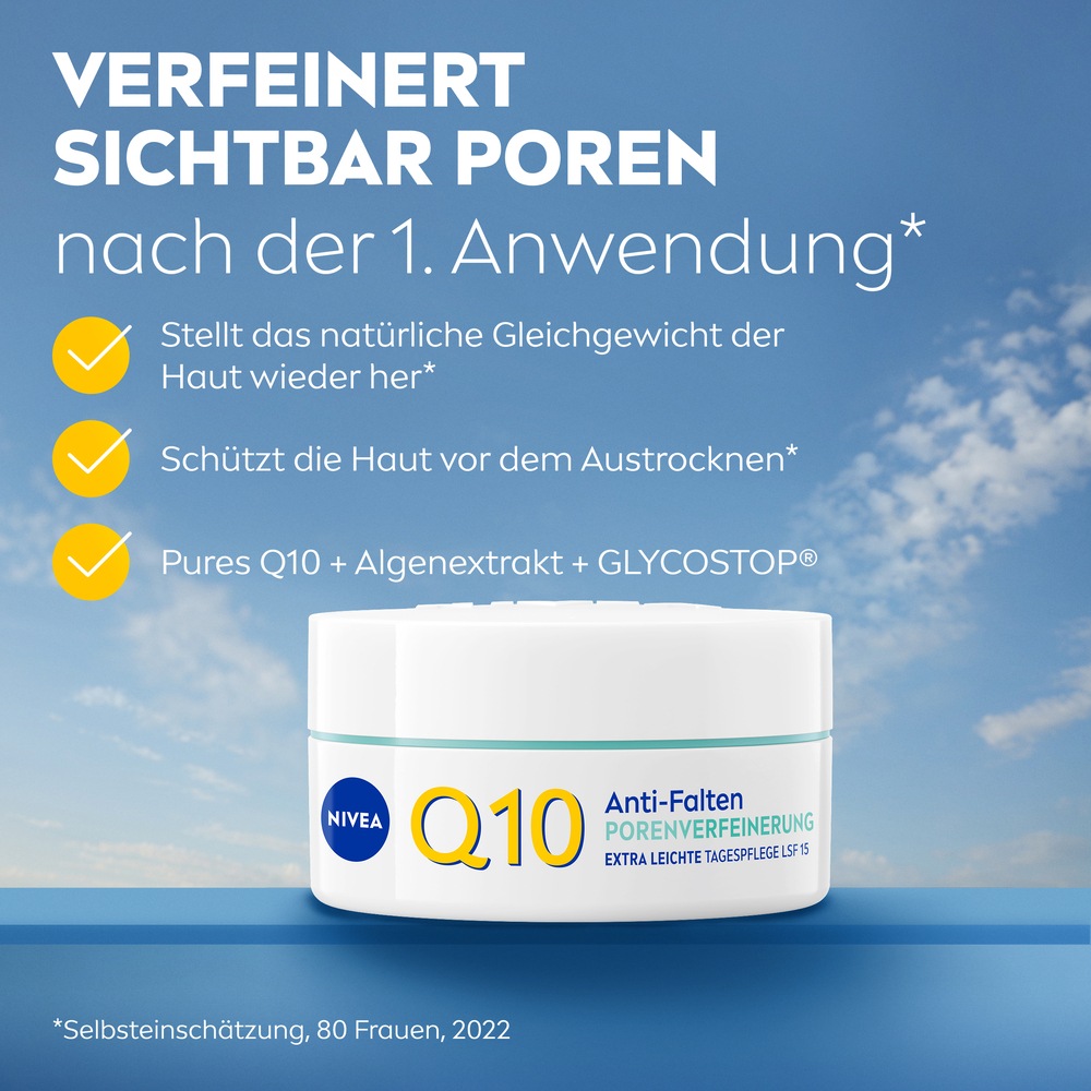 Nivea Tagescreme »Q10 ANTI-FALTEN PORENVERFEINERUNG TAGESPFLEGE LSF 15« reduziert Falten und strafft die Haut fühlbar