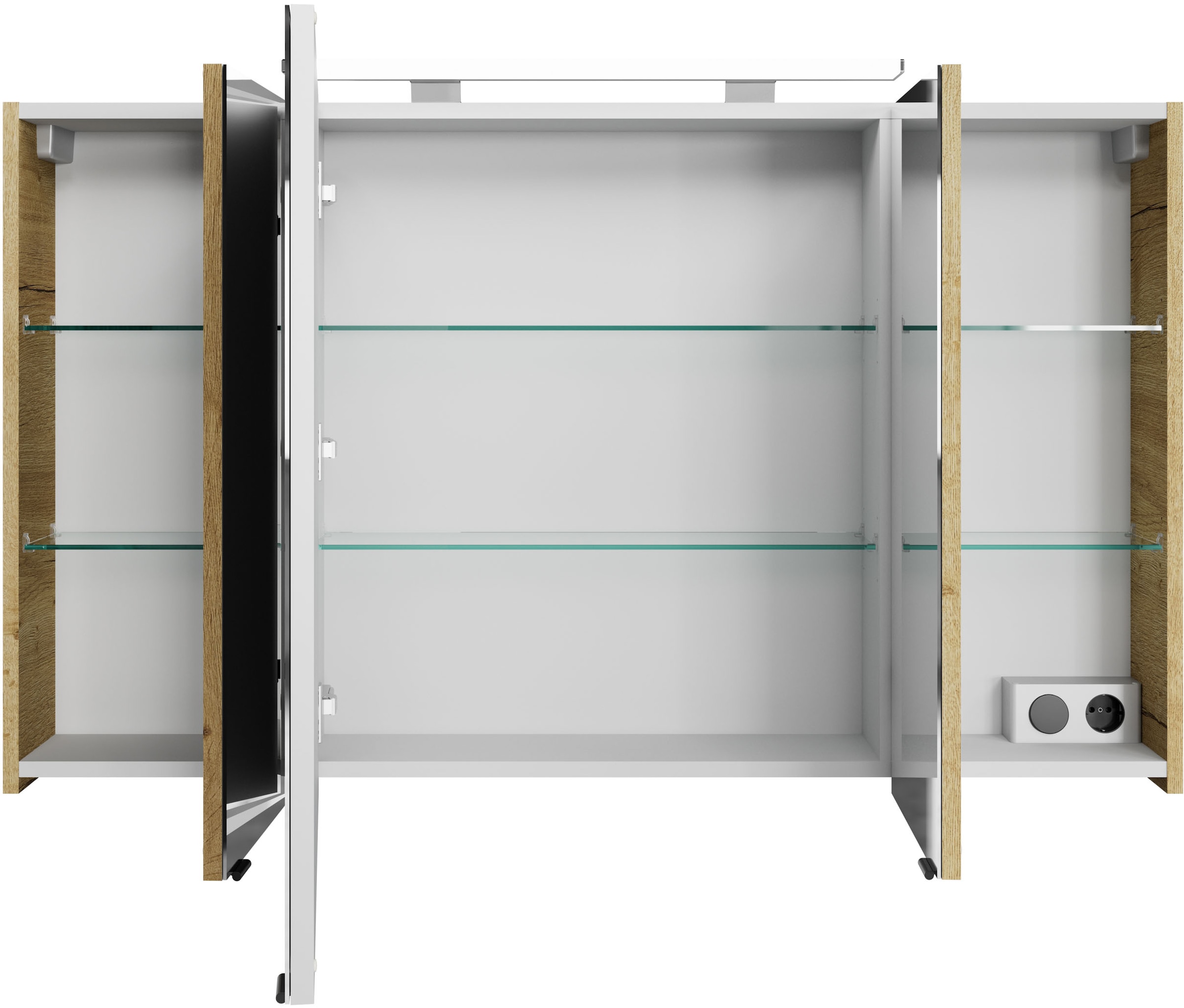 Saphir Badezimmerspiegelschrank »Serie 4010 Badezimmer-Spiegelschrank inkl. LED-Aufsatzleuchte«, Badschrank 120 cm breit, 3 Türen, 6 Glas-Einlegeböden, inkl Türdämpfer