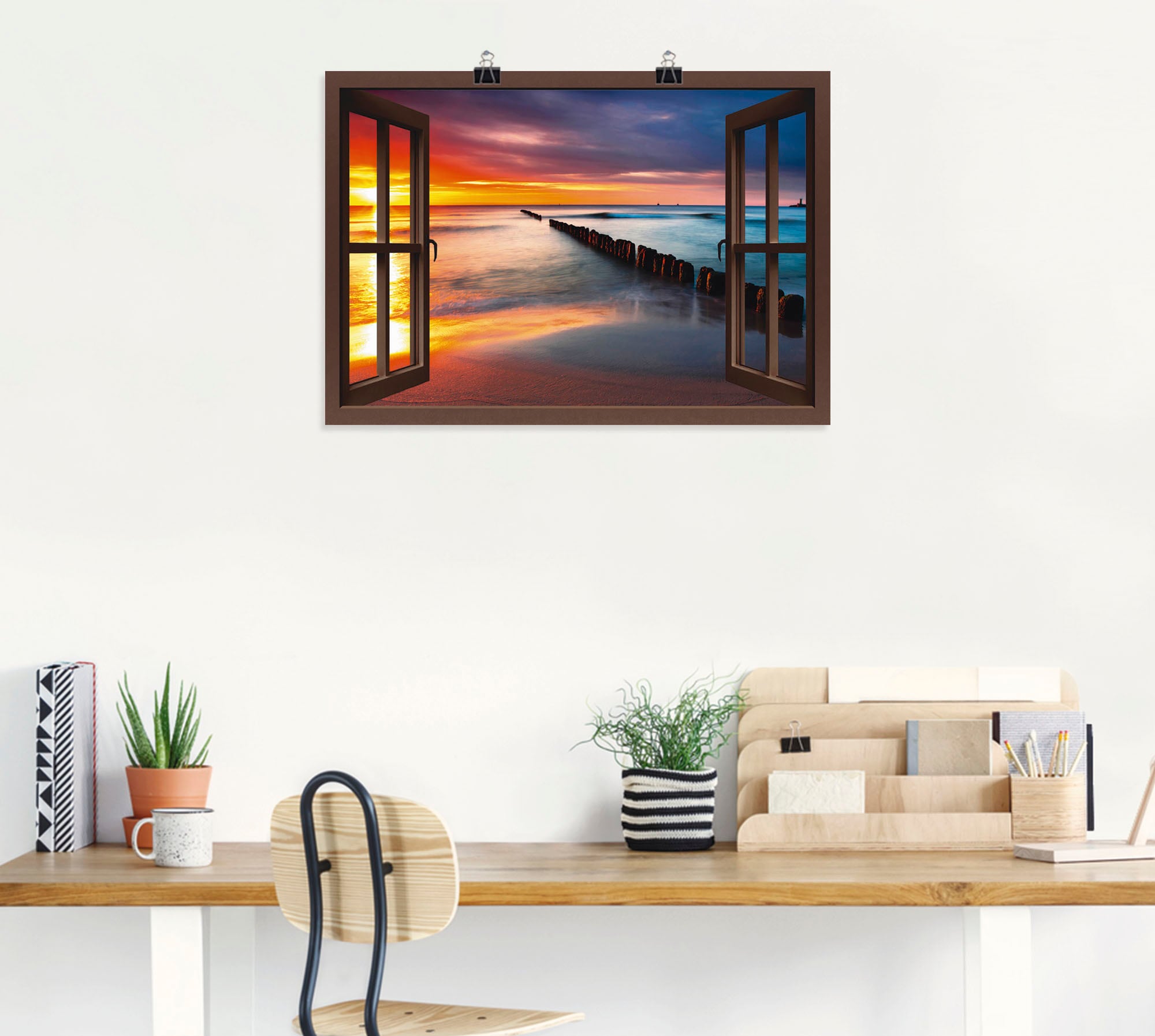 Artland Wandbild »Fensterblick Ostsee mit Sonnenaufgang«, Fensterblick, (1 St.), als Leinwandbild, Poster, Wandaufkleber in verschied. Größen