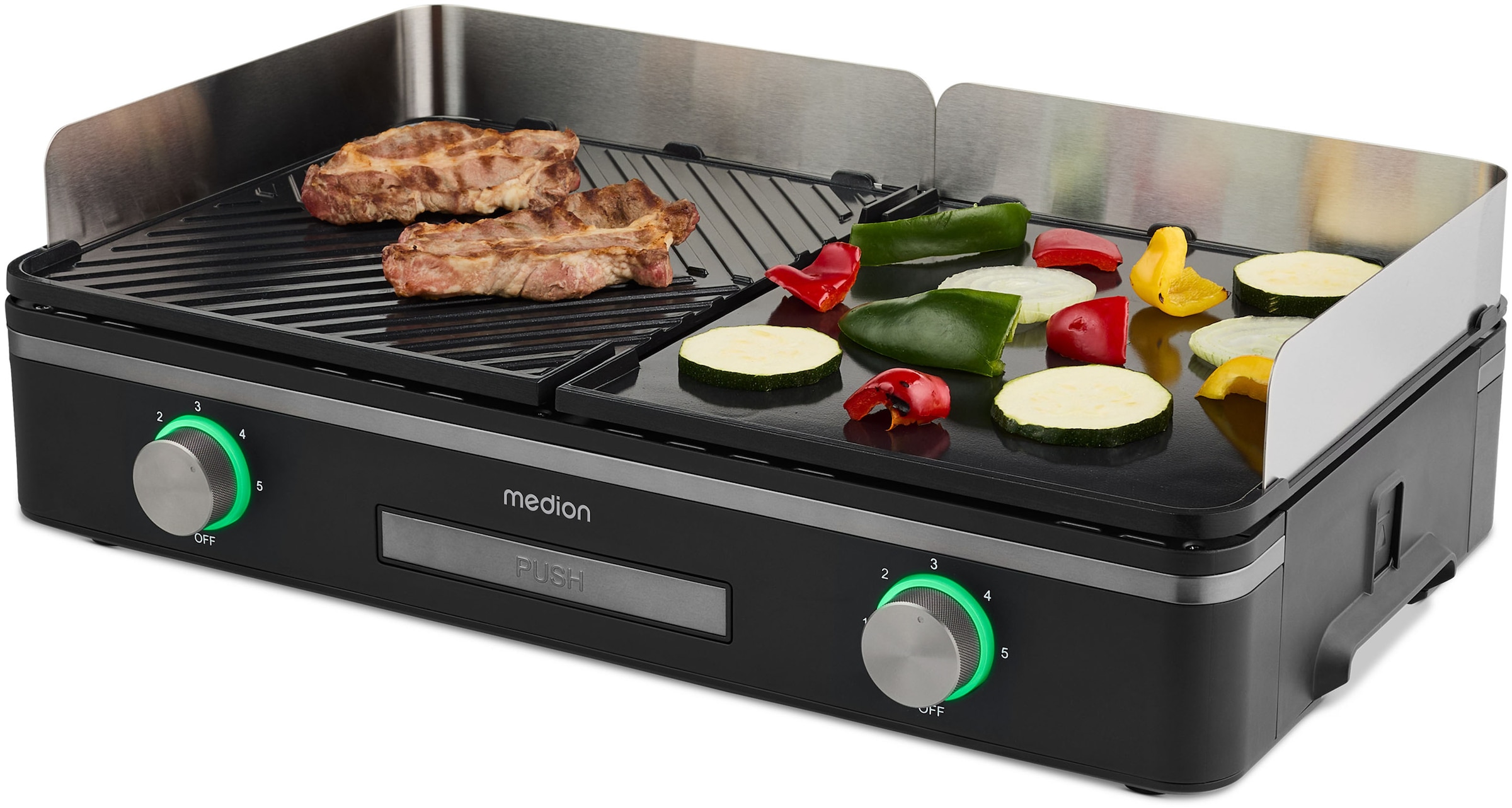 Medion Tischgrill »MD12027, mit Dual-Zonen-System, 2,400 Watt, 2 abnehmbare Platten« 2400 W bis max. 240 °C, PFAS Frei, LED-Statusanzeige,...