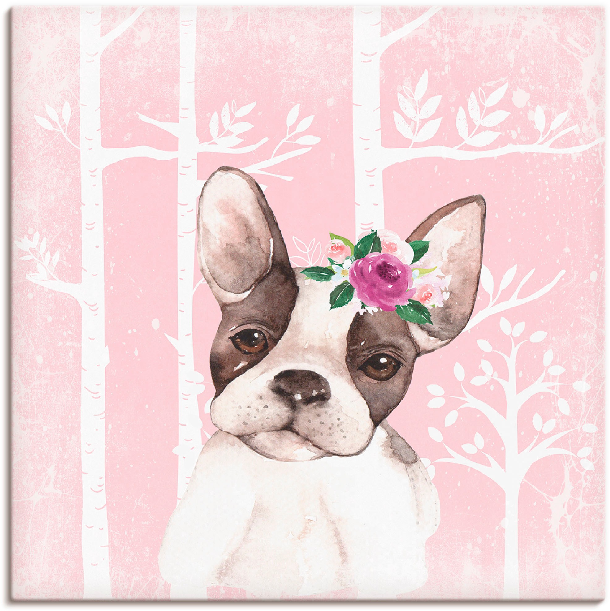Artland Wandbild »Mops Hund mit Blumen im pink Wald«, Tiere, (1 St.), in vielen Größen & Produktarten - Alubild / Outdoorbild für den Außenbereich, Leinwandbild, Poster, Wandaufkleber / Wandtattoo auch für Badezimmer geeignet