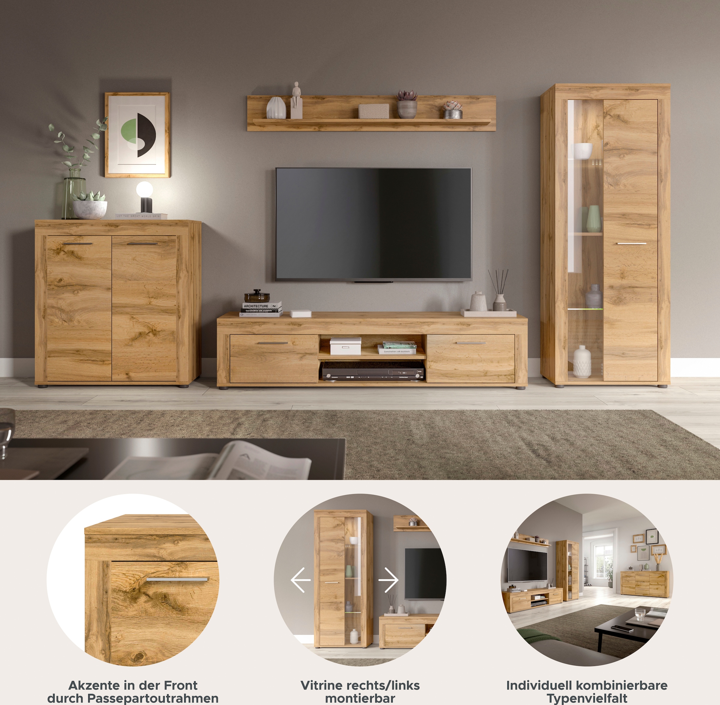 INOSIGN Wohnwand »Aosta, Breite 330cm, best. aus Highboard, Lowboard, Wandboard, Vitrine« 4 Stk. tlg.