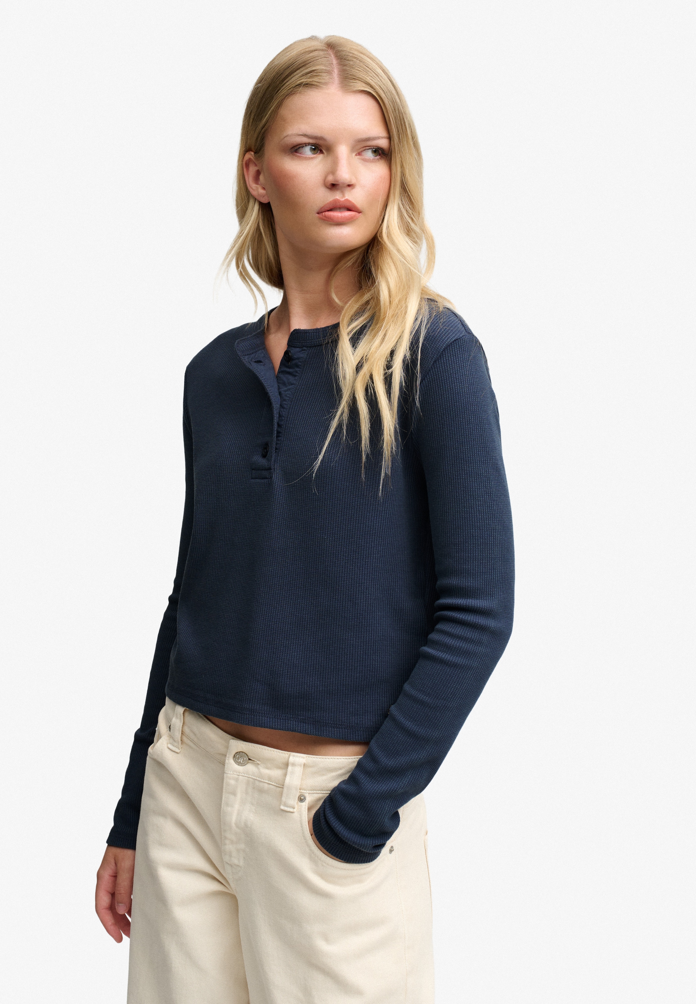 Superdry Langarmshirt »ATH ESS WAFFLE BUTTON LS TOP« Baumwollmischung, skinny fit