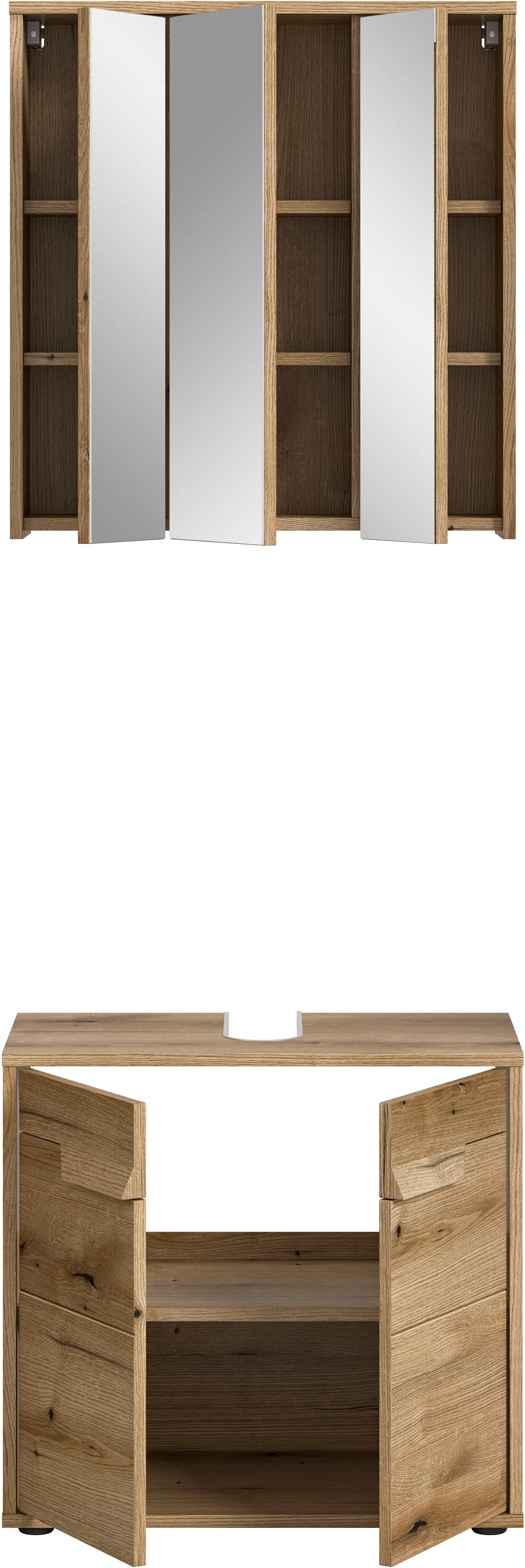 welltime Badmöbel-Set »Kayu, bestehend aus: Waschbeckenunterschrank, Spiegelschrank«, hochwertige MDF Front mit Rillenfräsung, Bad, Bad Set, Badezimmer