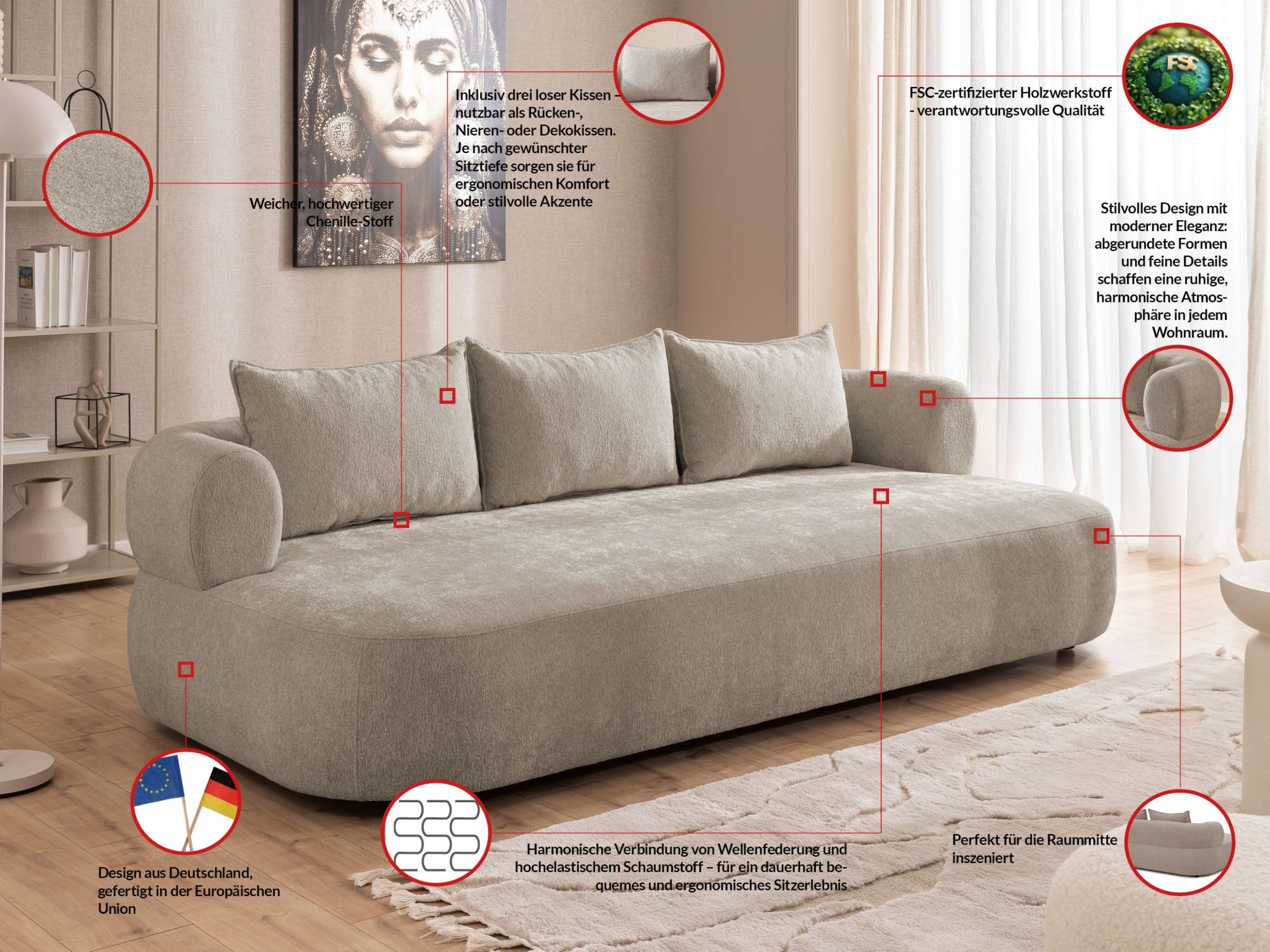 Home affaire Big-Sofa »LUSSAC 4-Sitzer Design-Sofa mit Zierkissen, Maße B/T/H: 242/123/78 cm«, hoher Sitzkomfort und modernes Design, Sofa ohne Bettfunktion