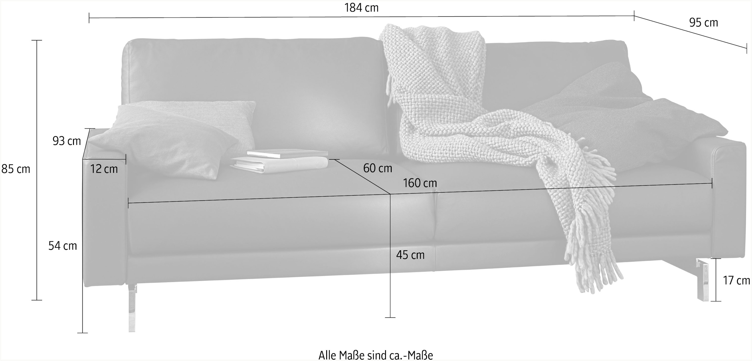 hülsta sofa 2,5-Sitzer »hs.450«, Armlehne niedrig, Fuß chromfarben glänzend, Breite 184 cm