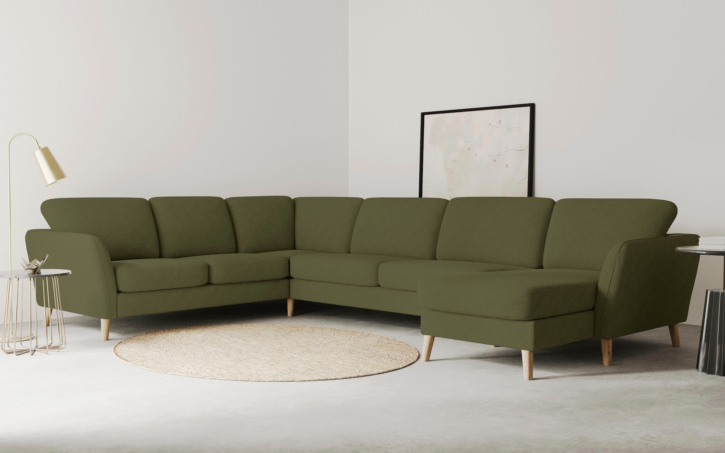 OTTO home Wohnlandschaft »MARSEILLE XXL 349cm, U-Form, Ottomane rechts/links wählbar« Massivholzbeine aus Eiche, In verschieden Bezügen und Farbvarianten