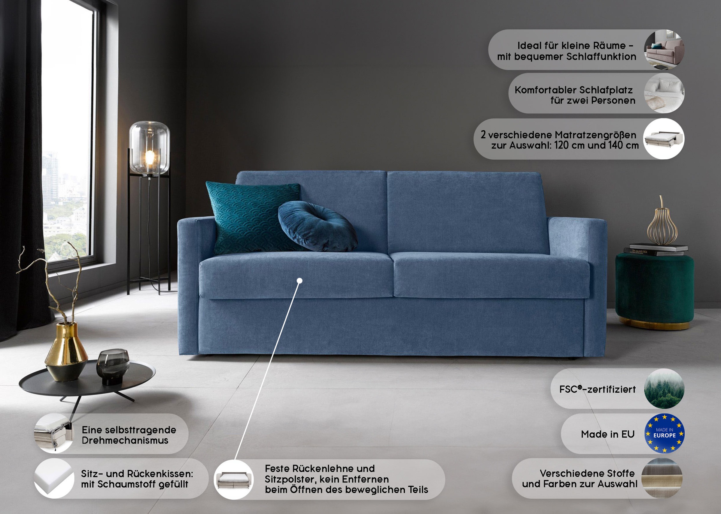 Places of Style Schlafsofa »Goldpoint 162 cm, Dauerschläfer, Liegefläche 120/200cm,«, 2-Sitzer mit Dauerschläfer-Funktion, Bonell-Federkernmatratze