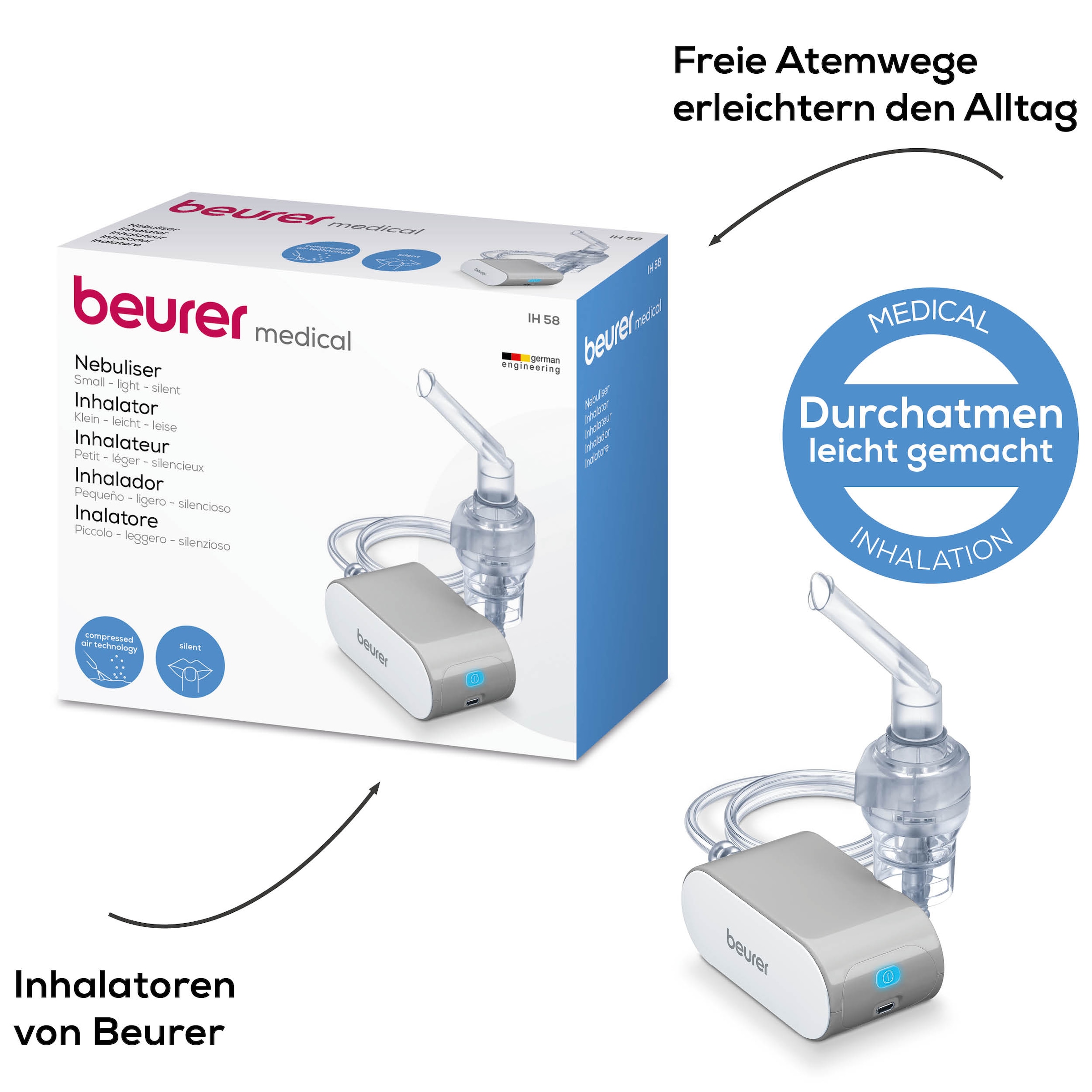 BEURER Inhalationsgerät »IH 58 für entspannte Anwendungen durch flüsterleisen Betrieb«, Effektive Verneblung mittels DC Kompressor-Drucklufttechnologie