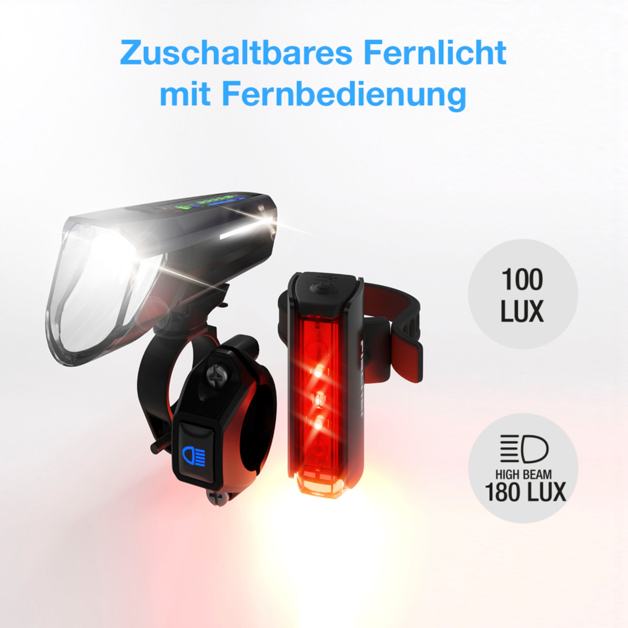 FISCHER Fahrrad Fahrradbeleuchtung »LED-Akku-Bel. Set PLUS 100/130 Fernlicht + TWIN STOP«, (Set, 2 tlg., Front- und Rücklicht inkl. Ladekabel)