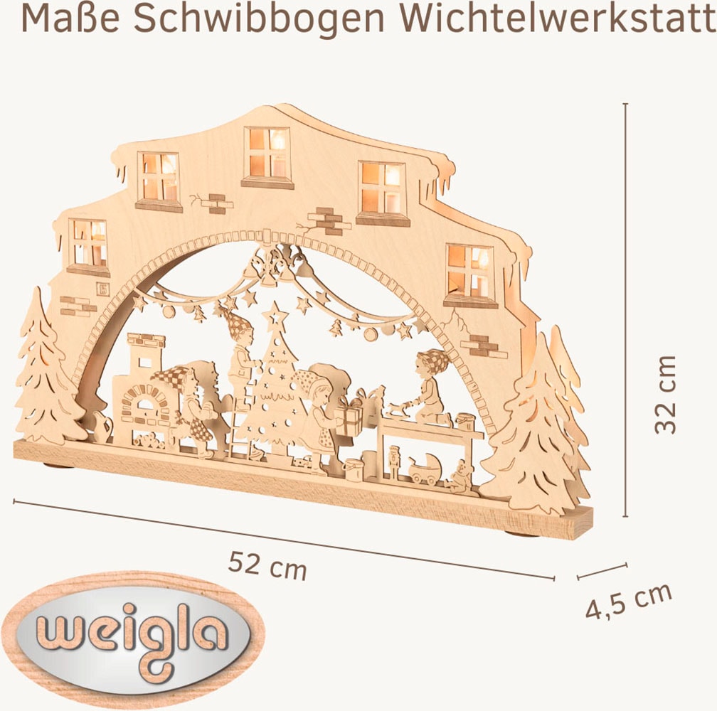 Weigla Schwibbogen »Wichtelwerkstatt, Lichterbogen aus Holz, NATUR«, Erzgebirge garantiert, Weihnachtsdeko Innen, Weihnachtsbeleuchtung