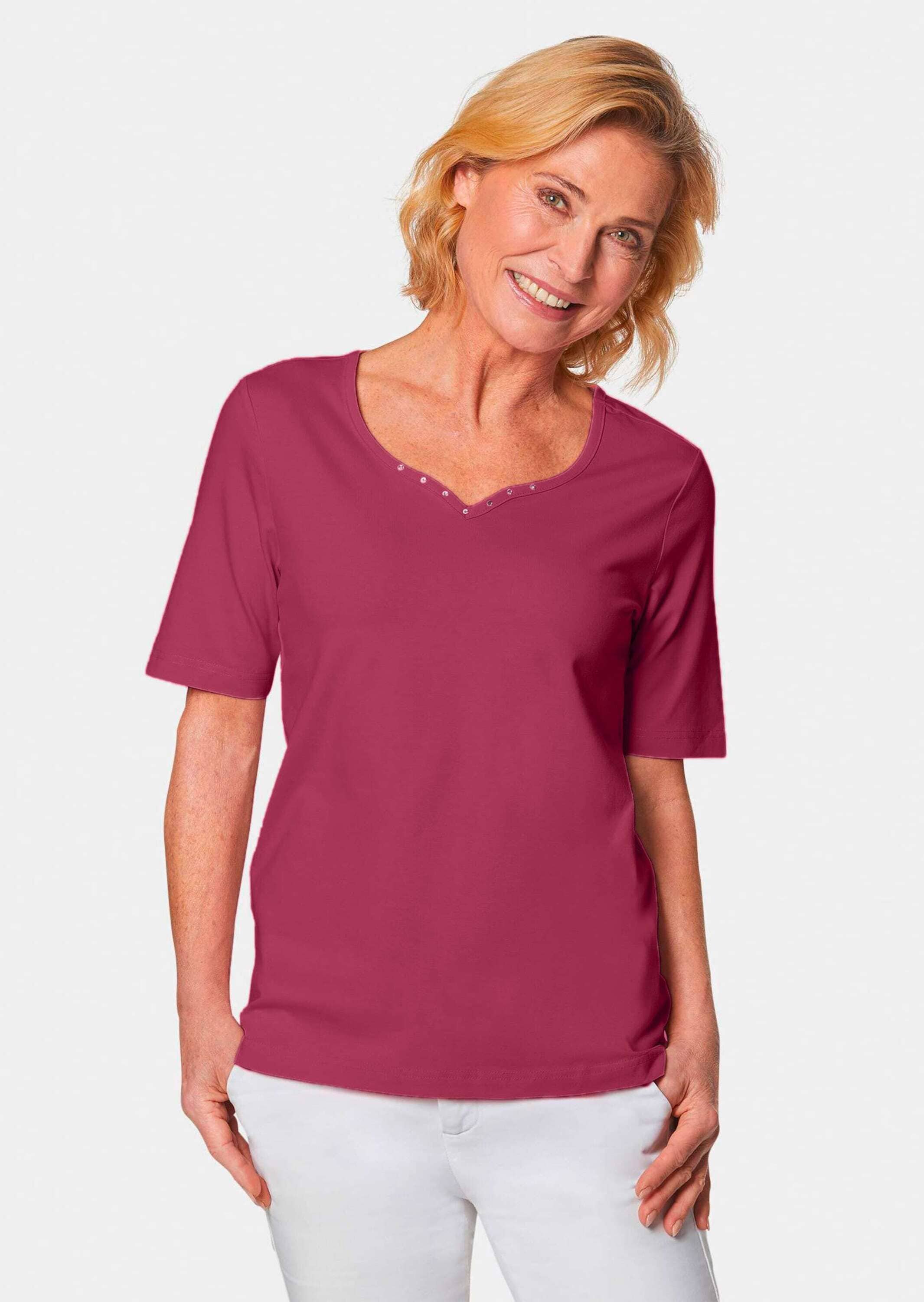 GOLDNER Langarm-Poloshirt »T-Shirt T-Shirt mit charmantem Ausschnitt und Schmucksteinchen«