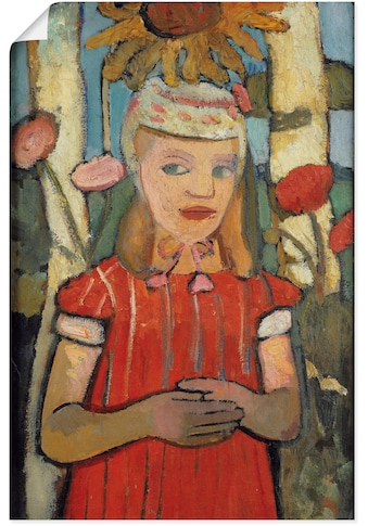 Kunstdruck »Mädchen in rotem Kleid vor Sonnenblume.«, Bilder von Kindern, (1 St.)