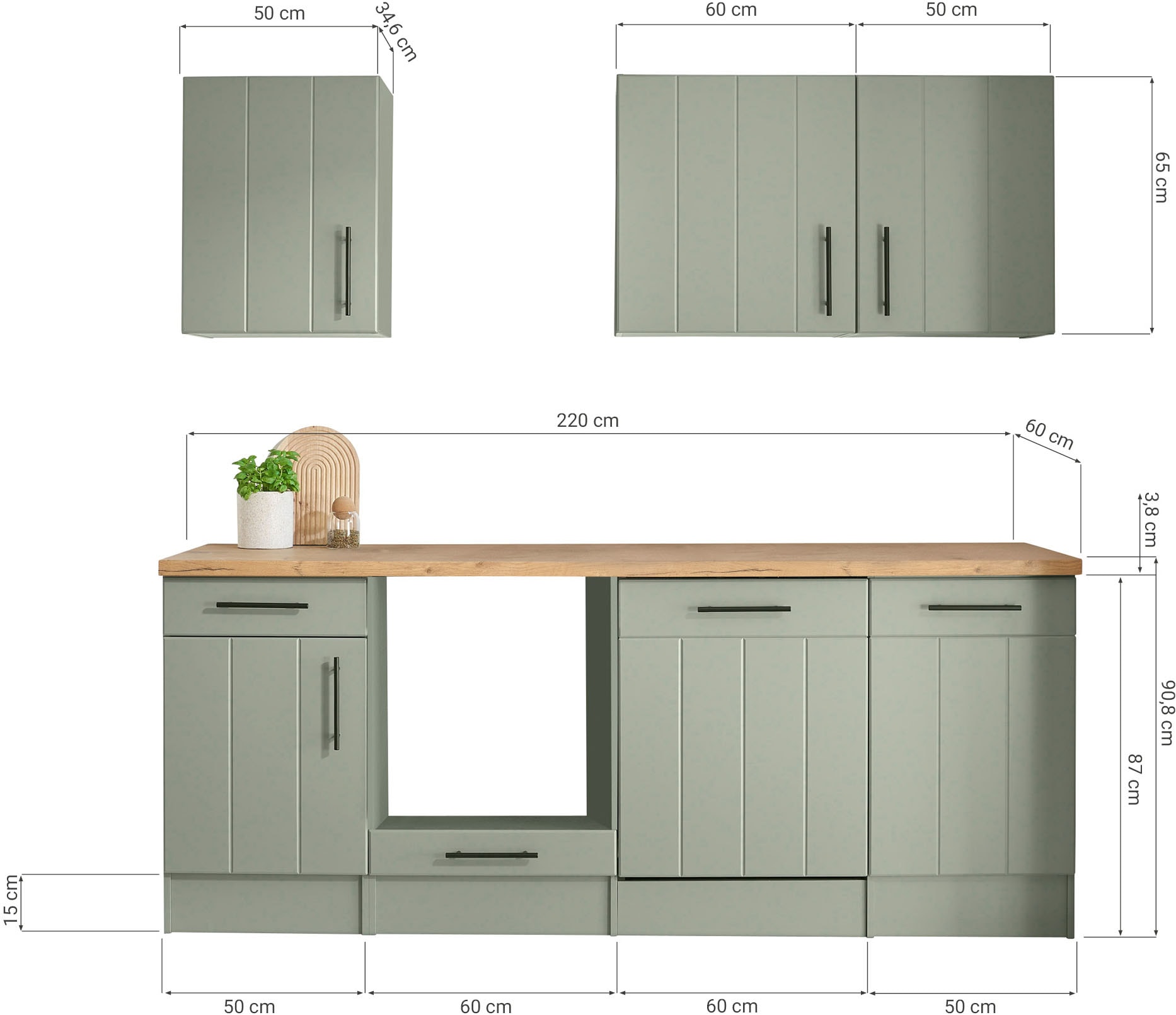 RESPEKTA Küche »Anton« Breite 220 cm, 90 cm Arbeitshöhe, wahlweise mit und ohne E-Geräte