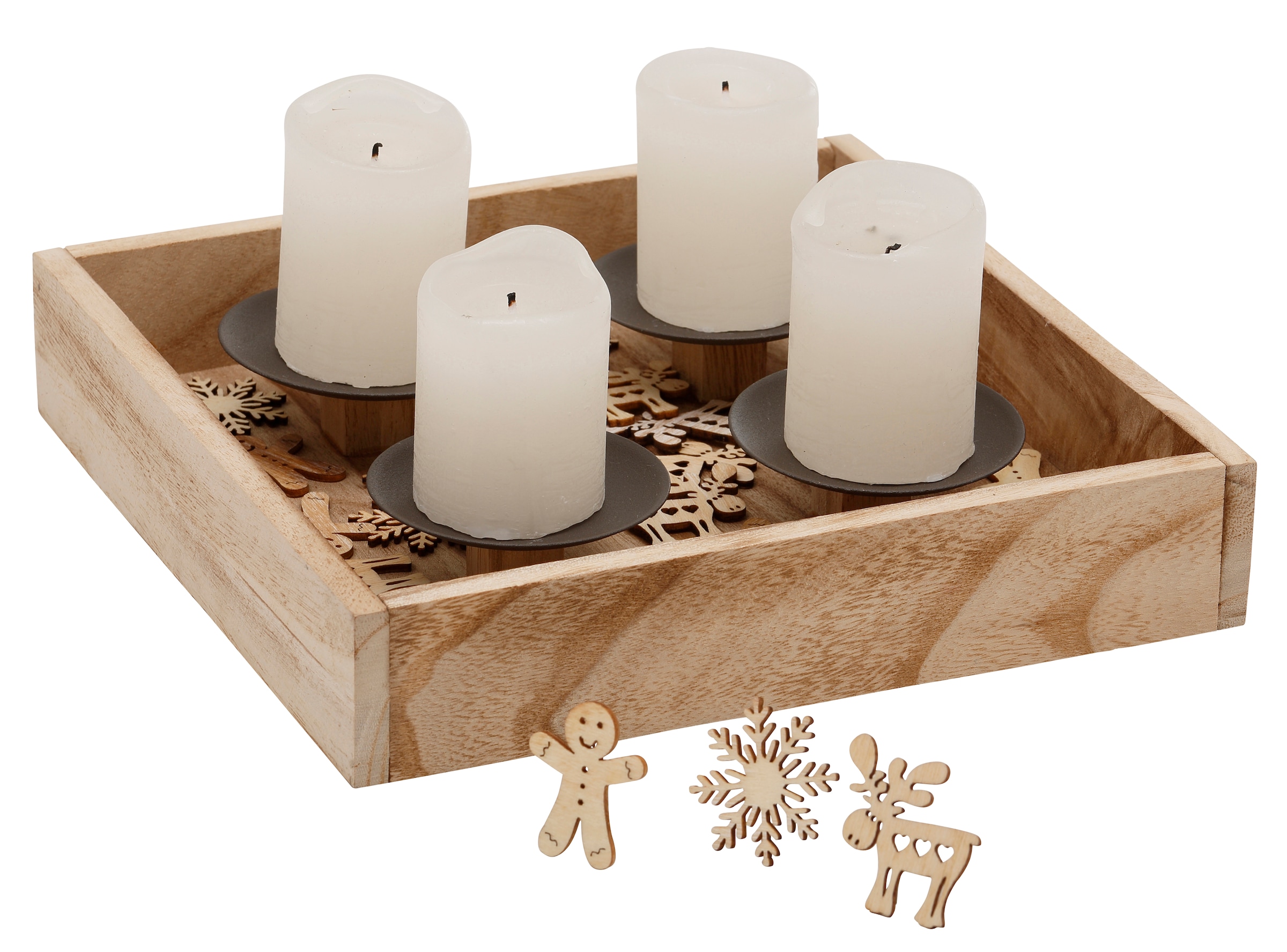 Home affaire Adventsleuchter »Kerzenhalter Ennsling mit 24 Streudekofiguren, 25x25 cm«, (1 St.), Weihnachtsdeko aus Holz und Metall, Tablett mit 4 Kerzenhaltern