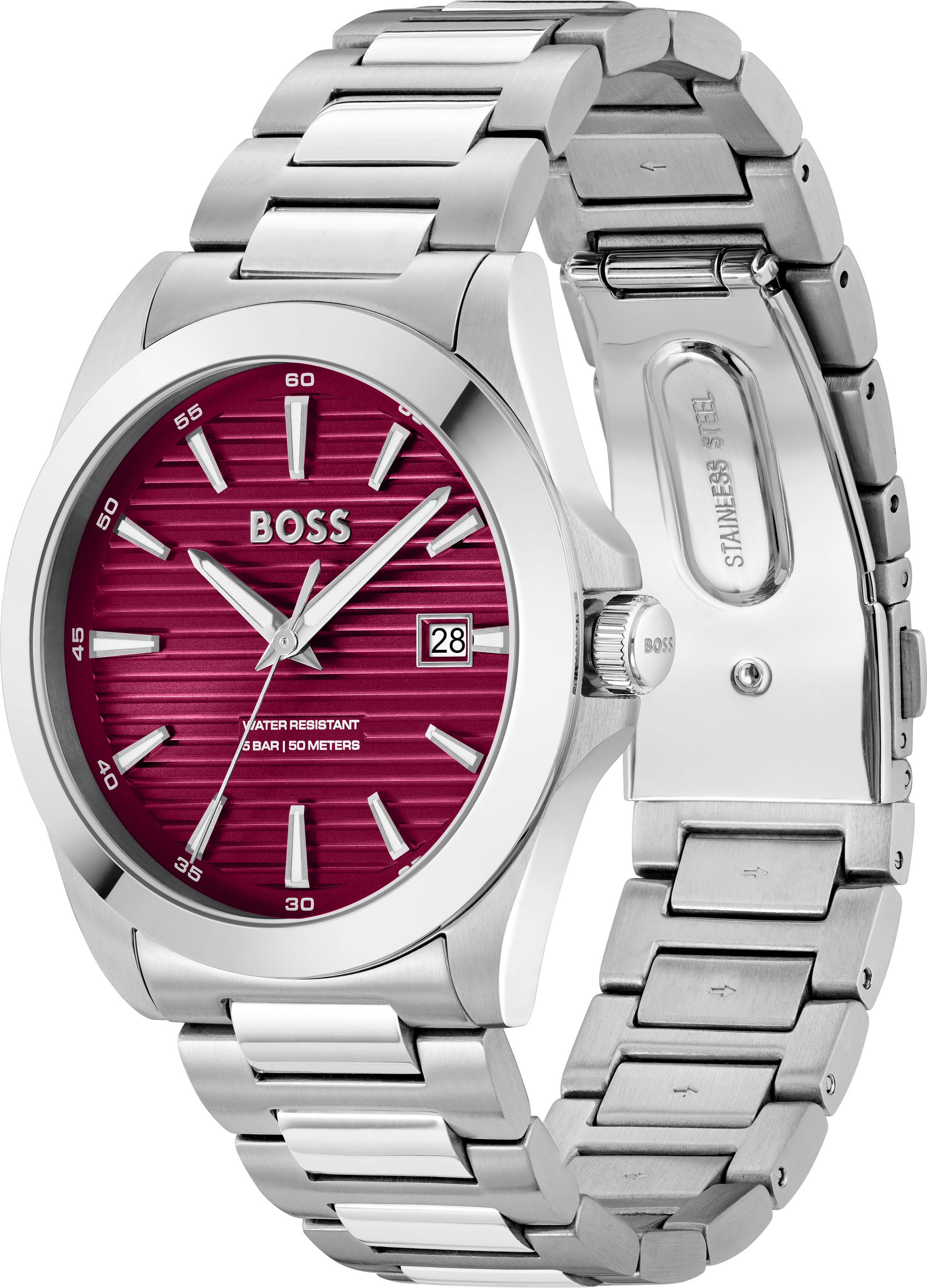 BOSS Quarzuhr »STRIKE«, Armbanduhr, Damenuhr, Herrenuhr, Edelstahlarmband, analog, Tag