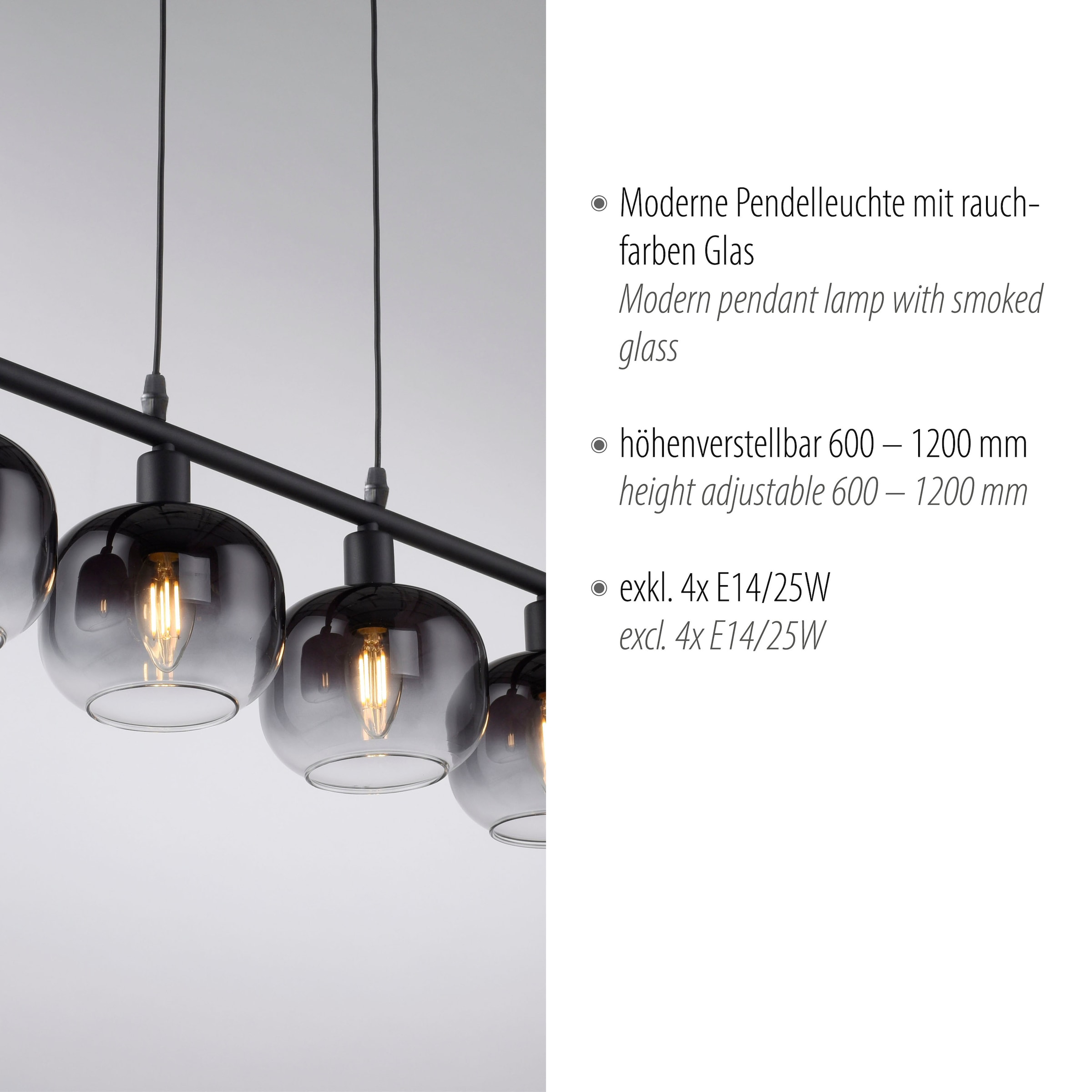 JUST LIGHT Pendelleuchte »ZEA, mit Rauchgläsern und schwarzem Finish«, 4 flammig, Leuchtmittel E14 | ohne Leuchtmittel, mit vier E14-Fassungen