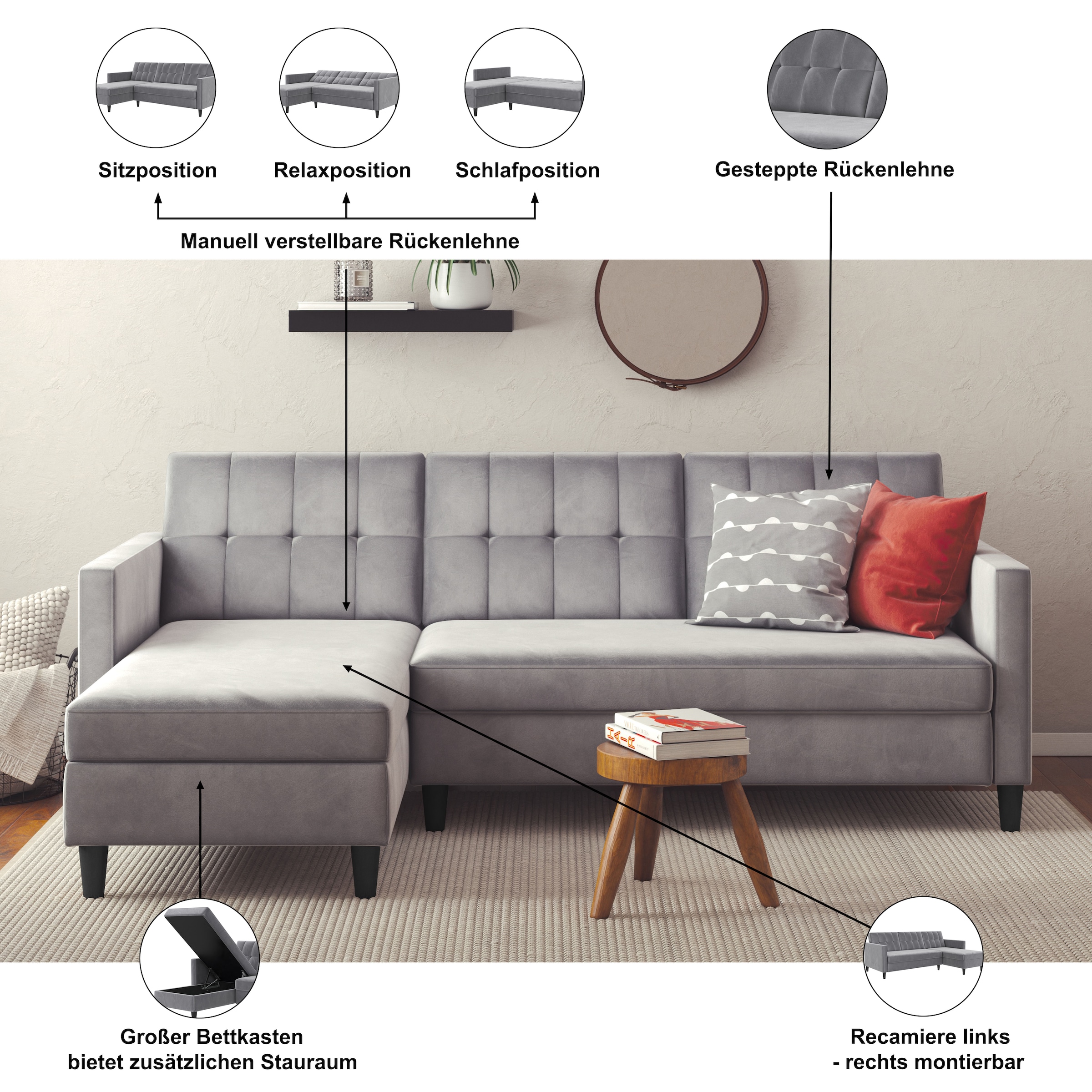 Dorel Home Ecksofa »Hartford II« mit Bettfunktion und Stauraum, Recamiere beidseitig montierbar