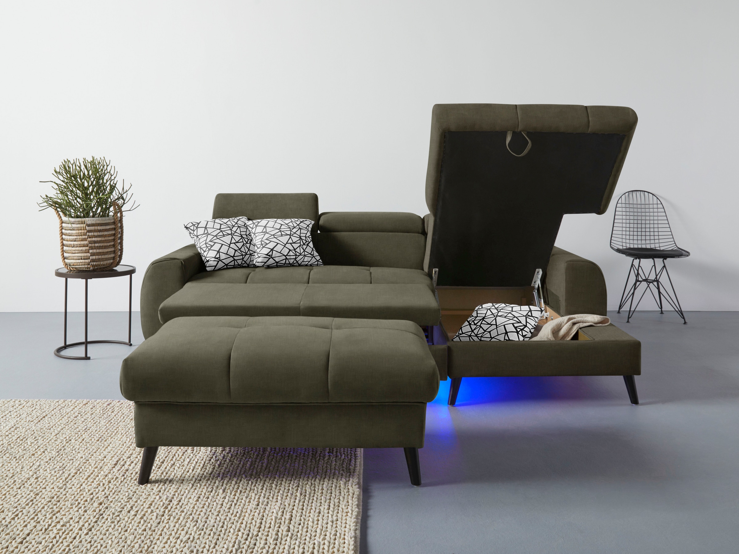 COTTA Ecksofa »Mia L-Form mit 3 Zierkissen«, wahlweise mit Bettfunktion, Bettkasten, Beleuchtung & Wireless-Charger