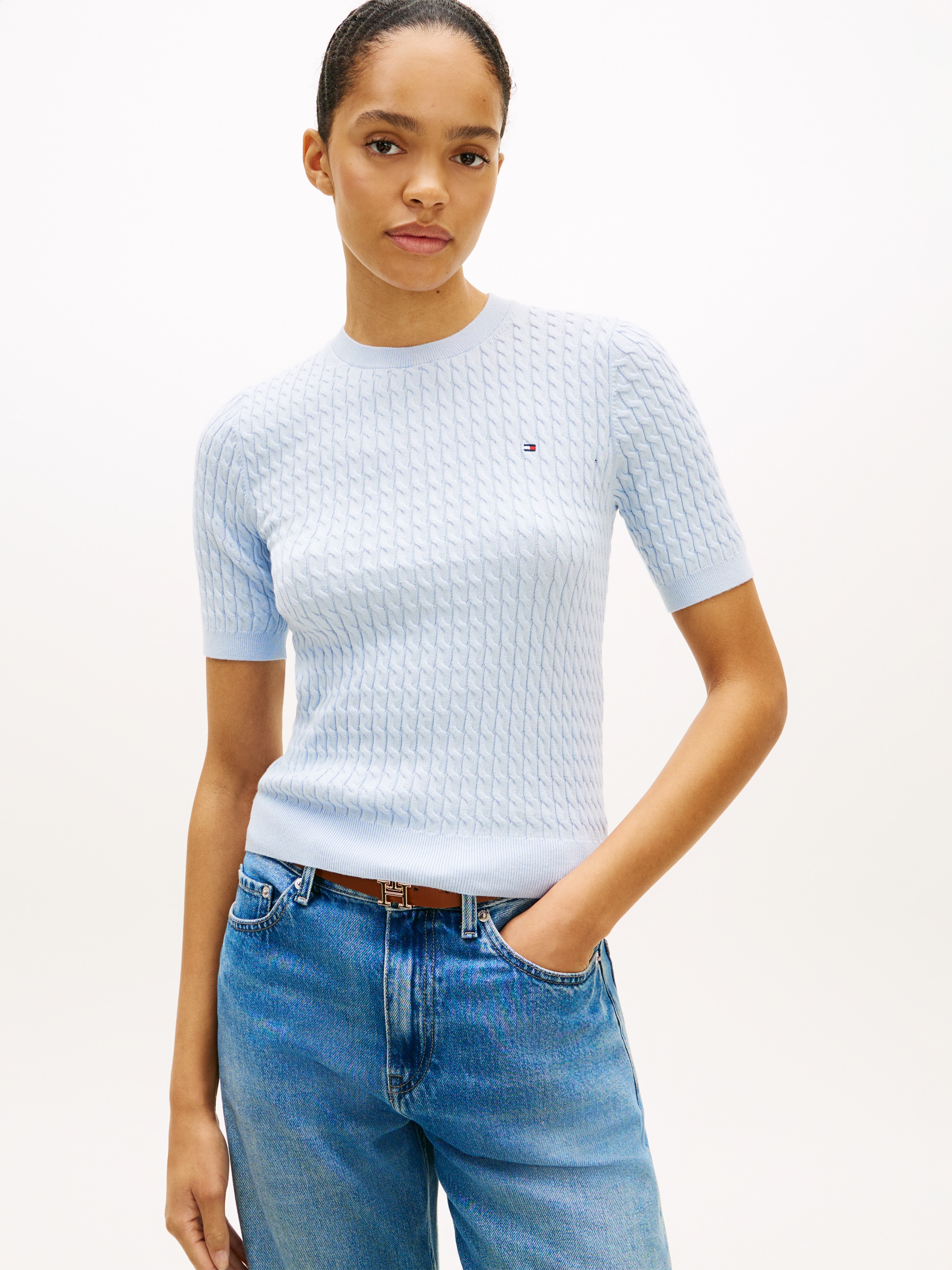 Tommy Hilfiger Kurzarmpullover »CO CABLE RWB C-NK SS SWT« Baumwolle, mit Zopfmuster