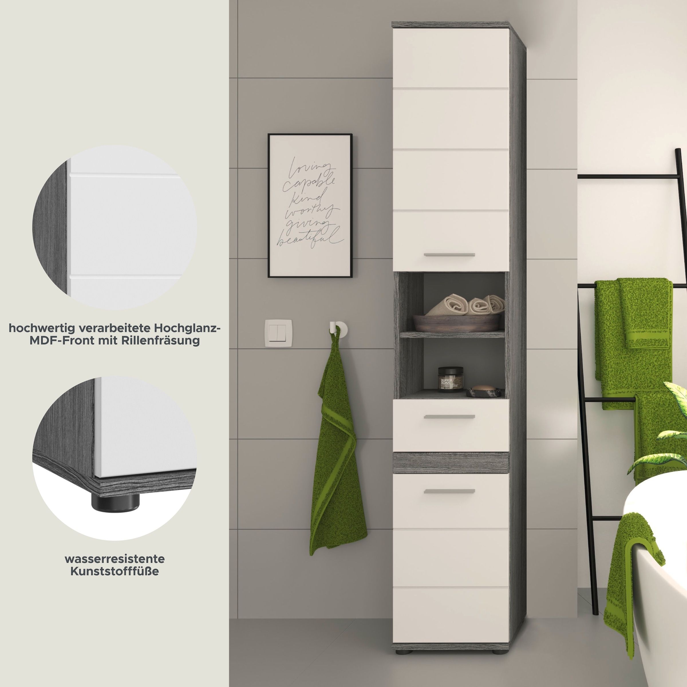 welltime Hochschrank »LUCCA, TOPSELLER!, Breite 35cm, 2 Türen, 1 Schubkasten, 2 Fächer«, MDF-Front, Türanschlag wechselbar, Badmöbel, Badschrank, Badezimmer