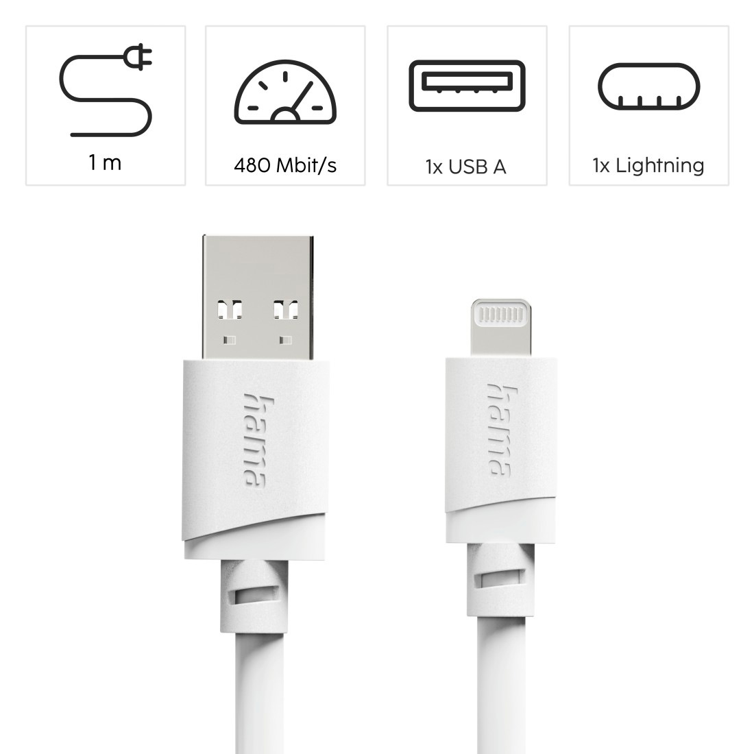 Hama USB-Kabel »USB-A auf Lightning Ladekabel 1 m weiß« Lightning | USB Typ A 100 cm Schnellladen, 480 Mbit/s, MFi zertifiziert, breite Kompatibilität