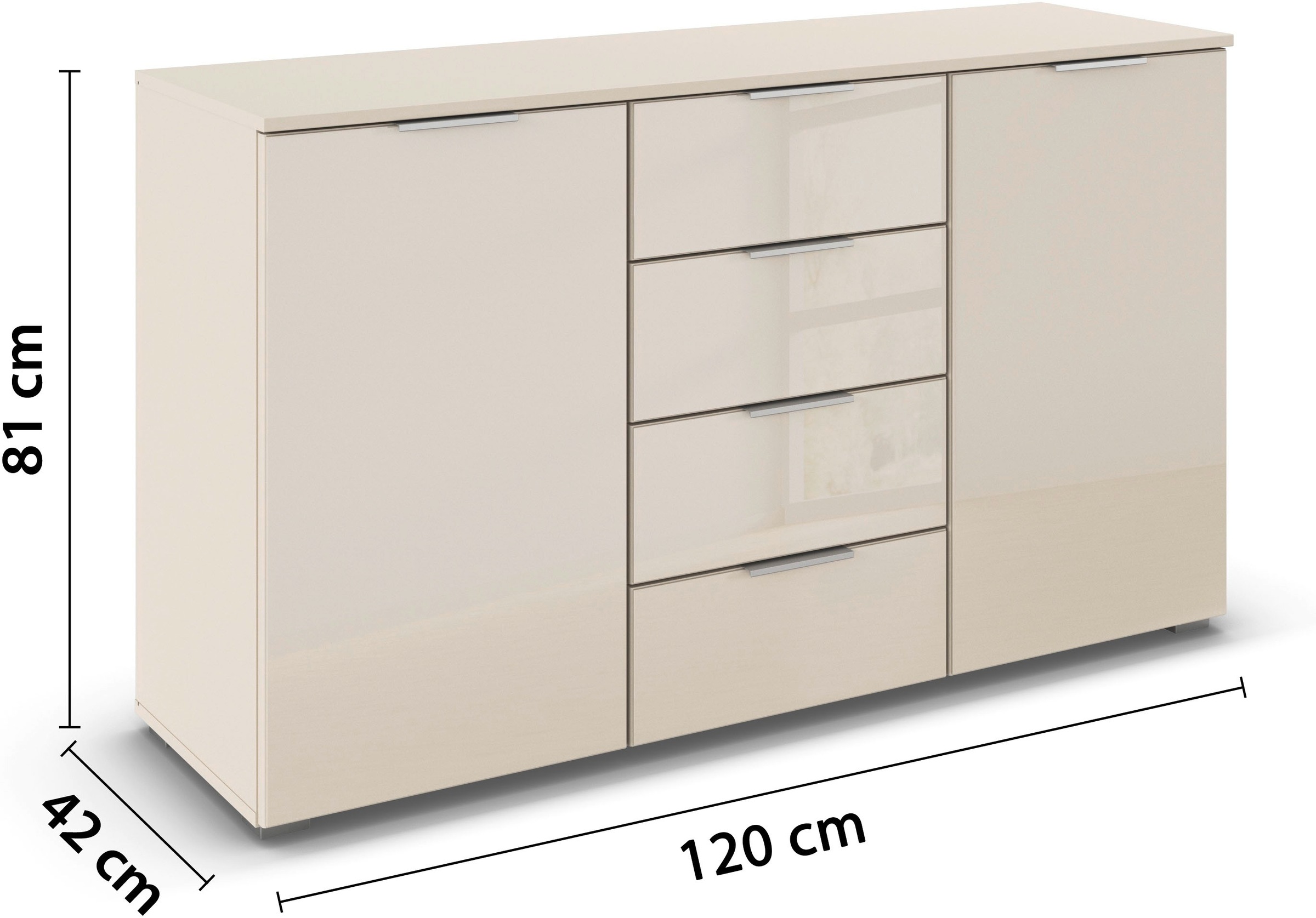 rauch Kombikommode »Sideboard Kombikommode Schubladenkommode AGORDO mit Glasfront« in zwei Griff-Farben, Breite 120 cm,  vier große Schubladen, mit insgesamt 4 Einlegeböden MADE IN GERMANY