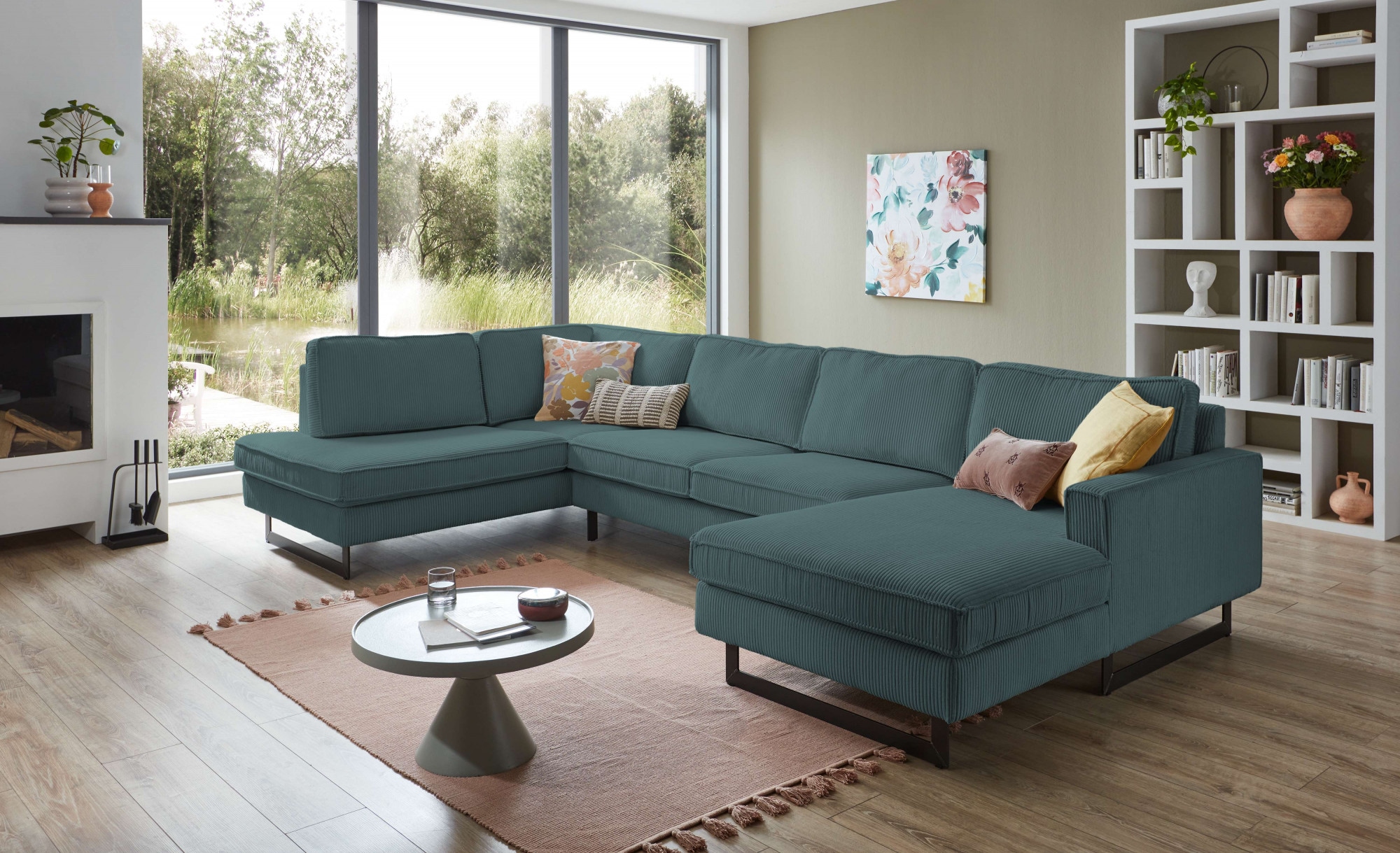 Home affaire Wohnlandschaft »Pinto, 350 cm, U-Form, XXL, mit Ottomanen« Cord, Chenille, Lederoptik, mit Keder, Metallfüße, Wellenunterfederung