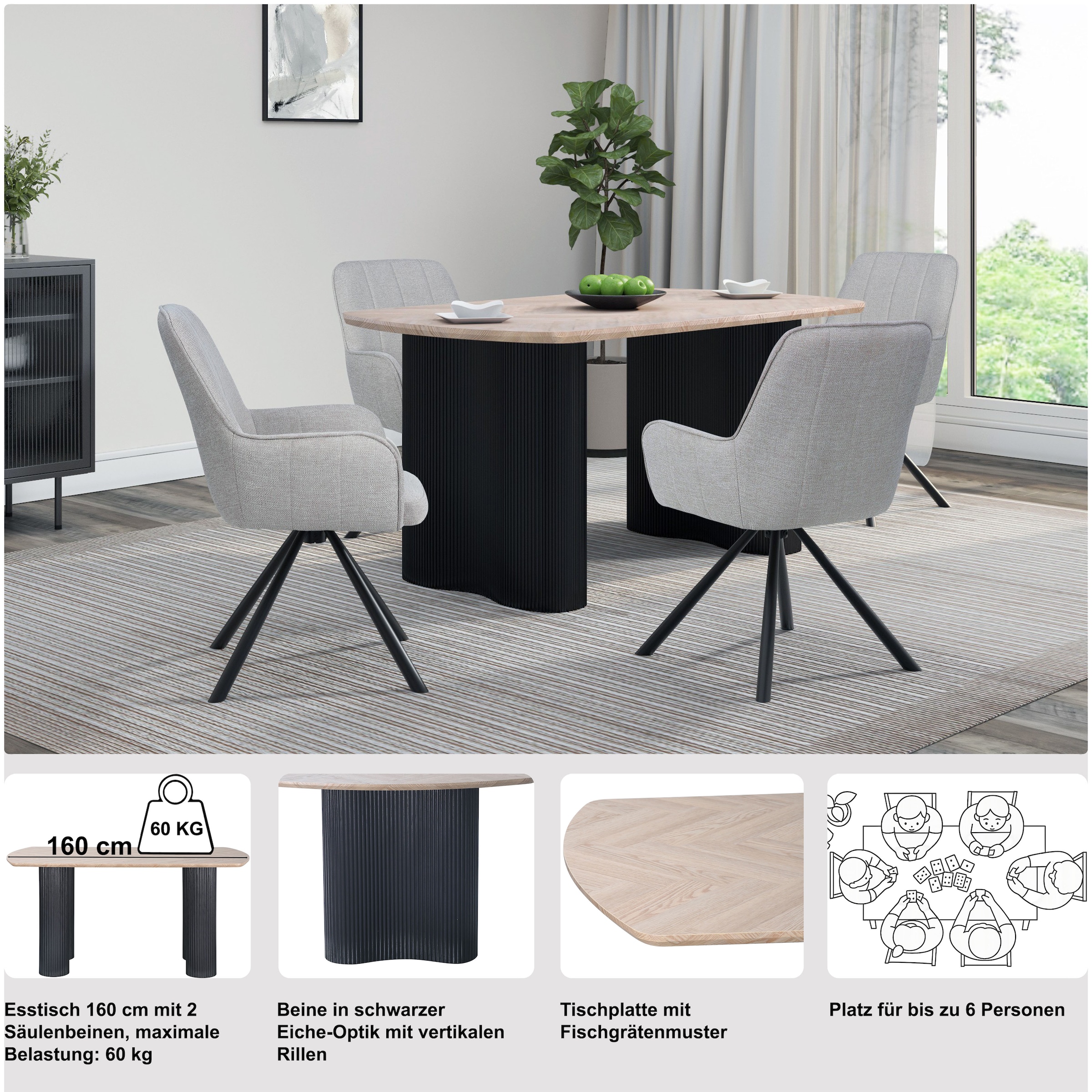 OTTO home Esstisch »Bessonville« Tischplatte in Fischgrätoptik, Beine mit Rillenstruktur, Höhe 76 cm