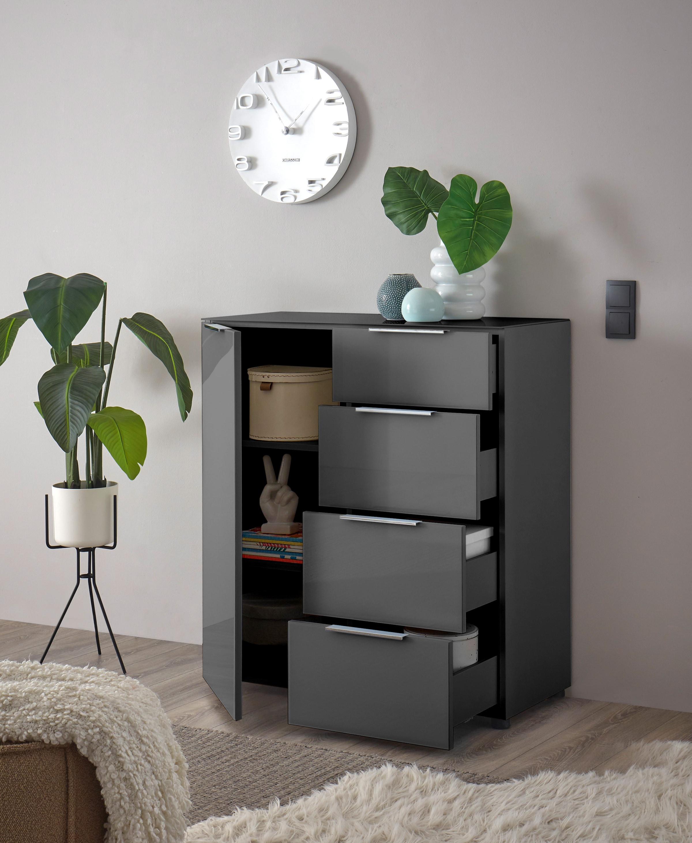 HBZ Sideboard »Santorin Mehrzweckschrank-Universalschrank, BxHxT 90x99x40 cm« 1 Stk. tlg. Mit 1 Tür und 4 Schubkästen mit Softclose, Glasfront und Glasoberboden