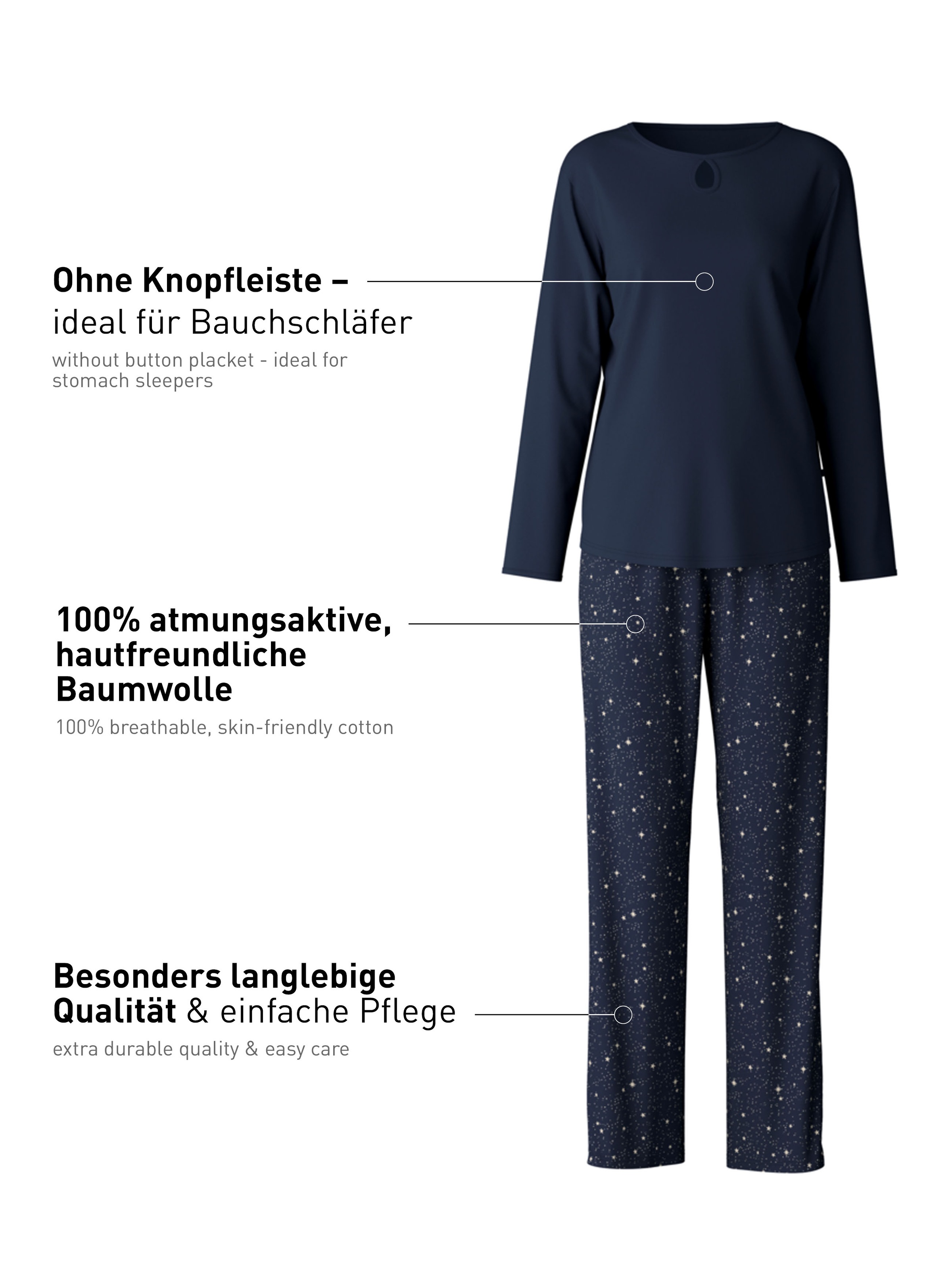 CALIDA Schlafanzug »Sweet Dreams«, (2 tlg.), lockere Passform, Rundhals, Interlock-Qualität, Langarm, weich